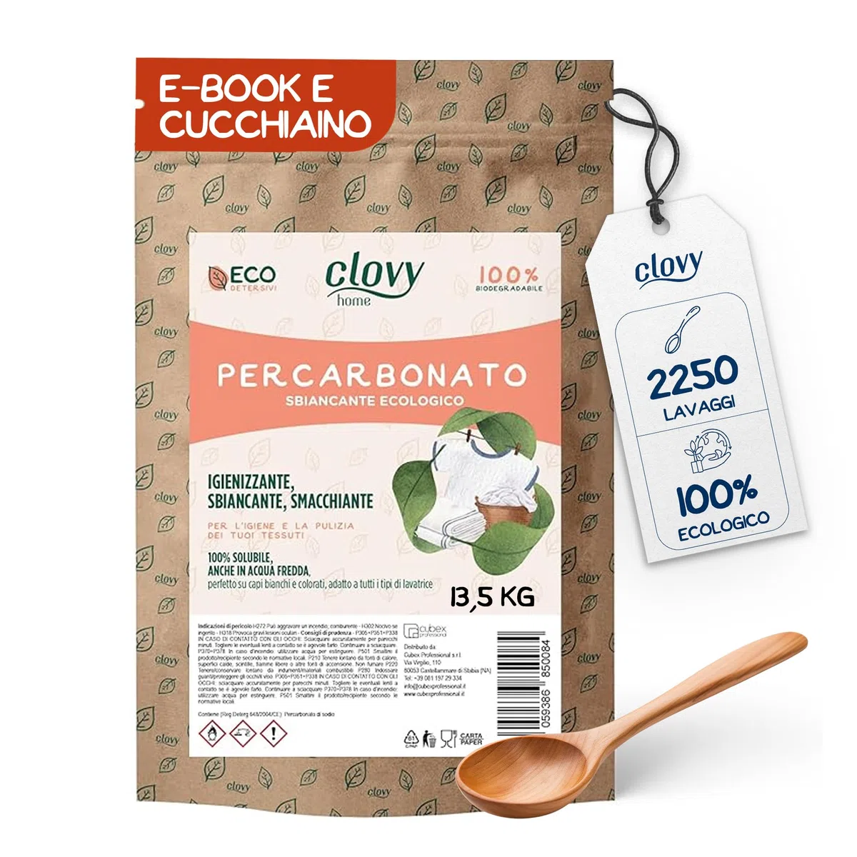 Percarbonato di Sodio Puro 13,5 Kg per 2250 Lavaggi – Sbiancante e Smacchiatore Naturale – Azione Smacchiante, Sbiancante, Igienizzante e Antimuffa – Ebook + Cucchiaino in Legno OMAGGIO
