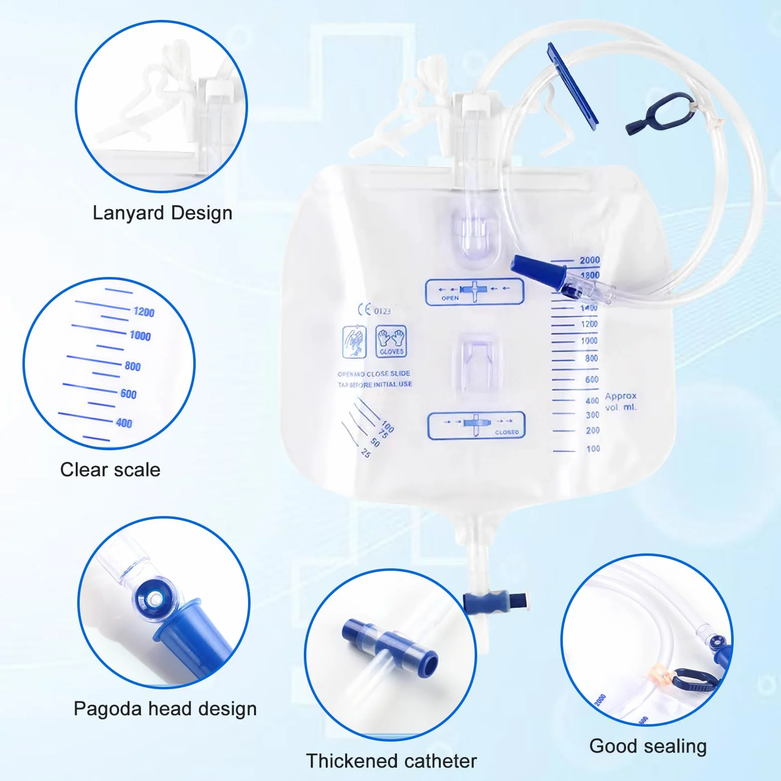 Sacchetti per urina 2000 ml con tubo 1 m, sacchetti per catetere incontinenza, sistemi drenaggio chiusi scala leggibile