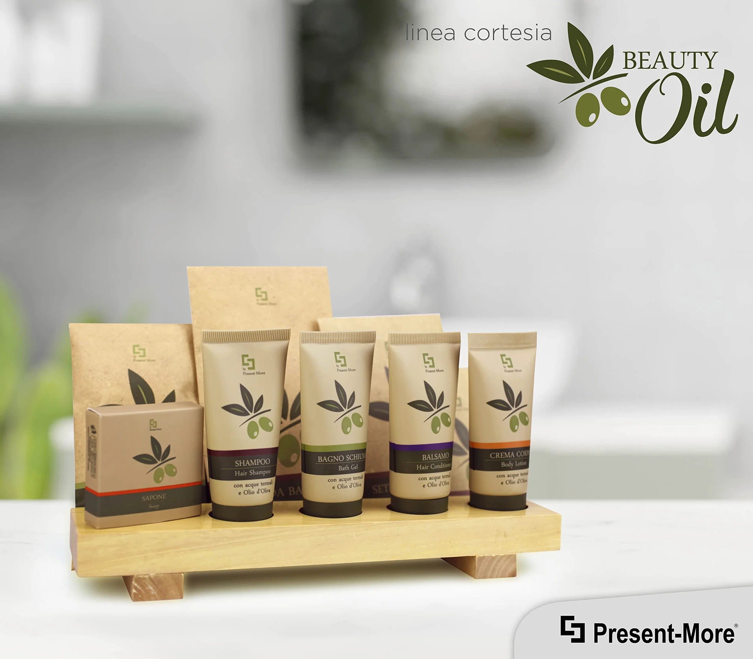 PRESENT-MORE - Cuffia Doccia Monouso 100 Pezzi - Linea Beauty Oil - Cuffia Doccia in Polietilene con Elastico - Packaging Ecologico in Stone Paper - Ideale per Hotel e B&B