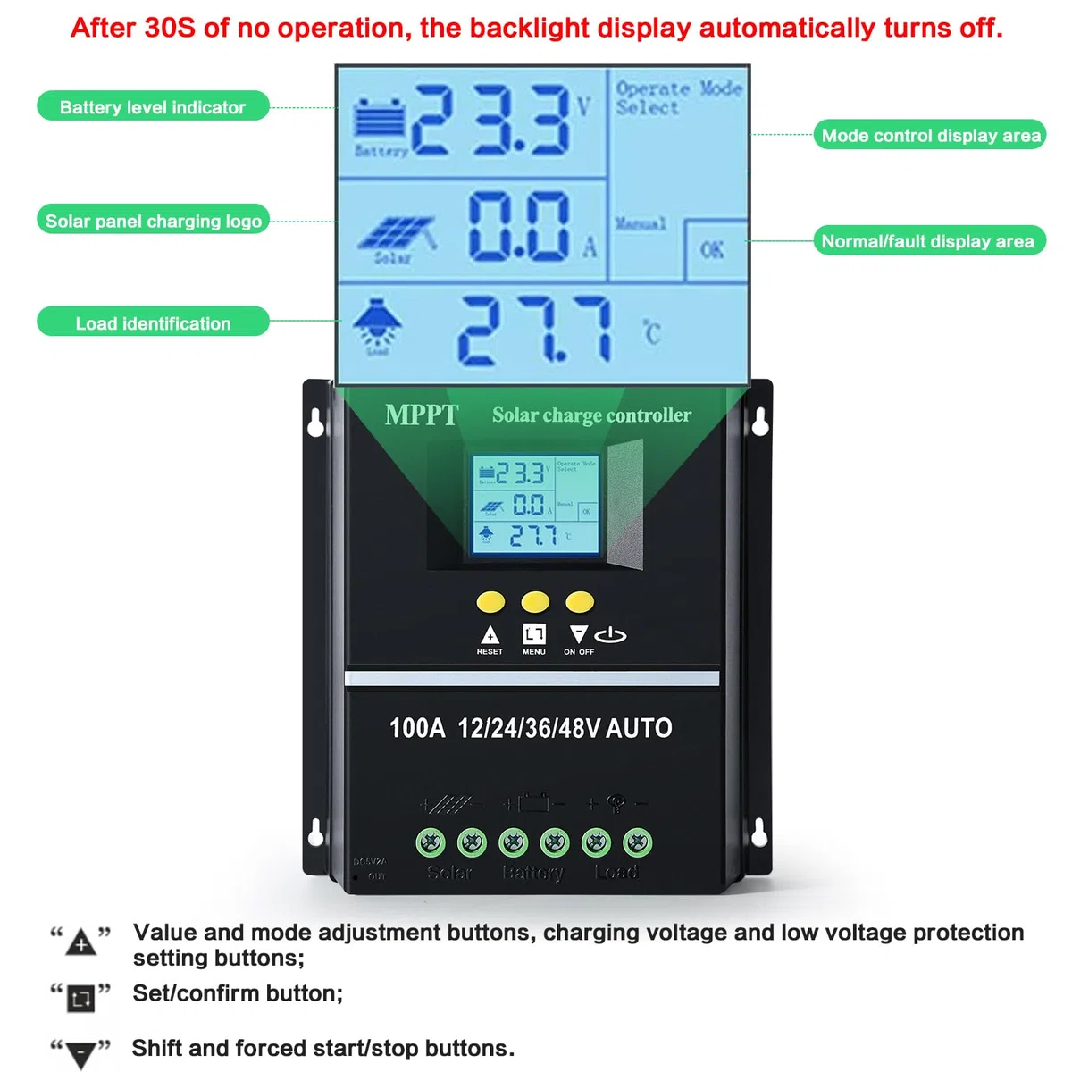 Regulateur de charge solaire mppt 100A 12V 24V 36V 48V Regolatore di carica MPPT Auto ID Display LCD Ingresso massimo 100VDC, piombo/acido/litio Doppia USB Nero.
