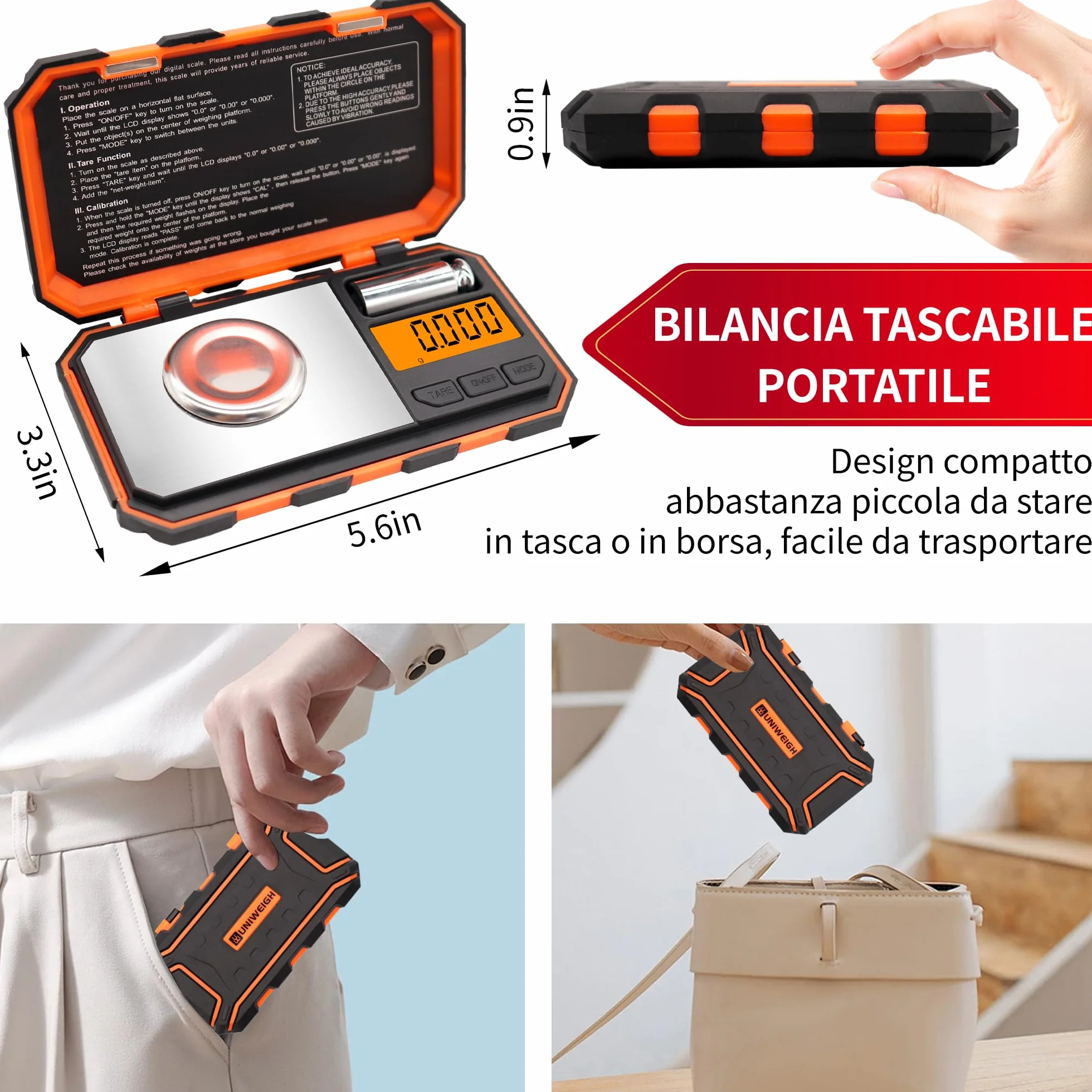 UNIWEIGH Bilancia digitale per milligrammi 50g/ 0,001g, Bilancia portatile con display LCD, Tara, Bilancia digitale per gioielli, Bilancia per microgrammi per polvere, oro, pietre preziose, Ricarica