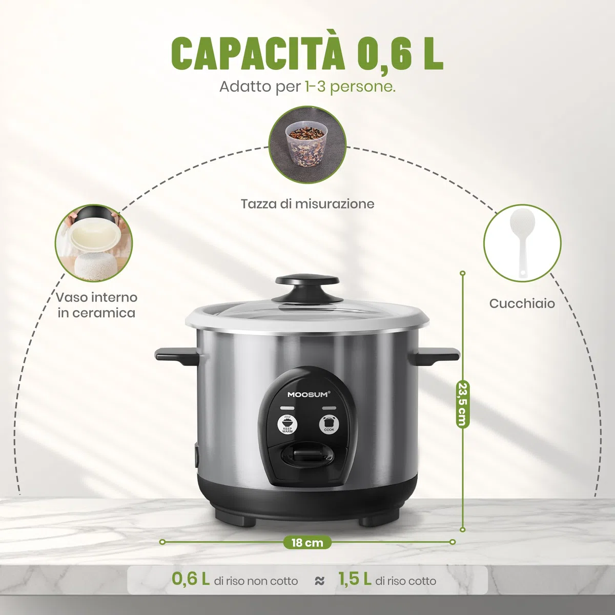 Cuociriso & Comando a un Pulsante, 0,6L per 1-3 Persone, Preparazione Veloce Senza Bruciature - con Funzione di Mantenimento in Caldo, Argento