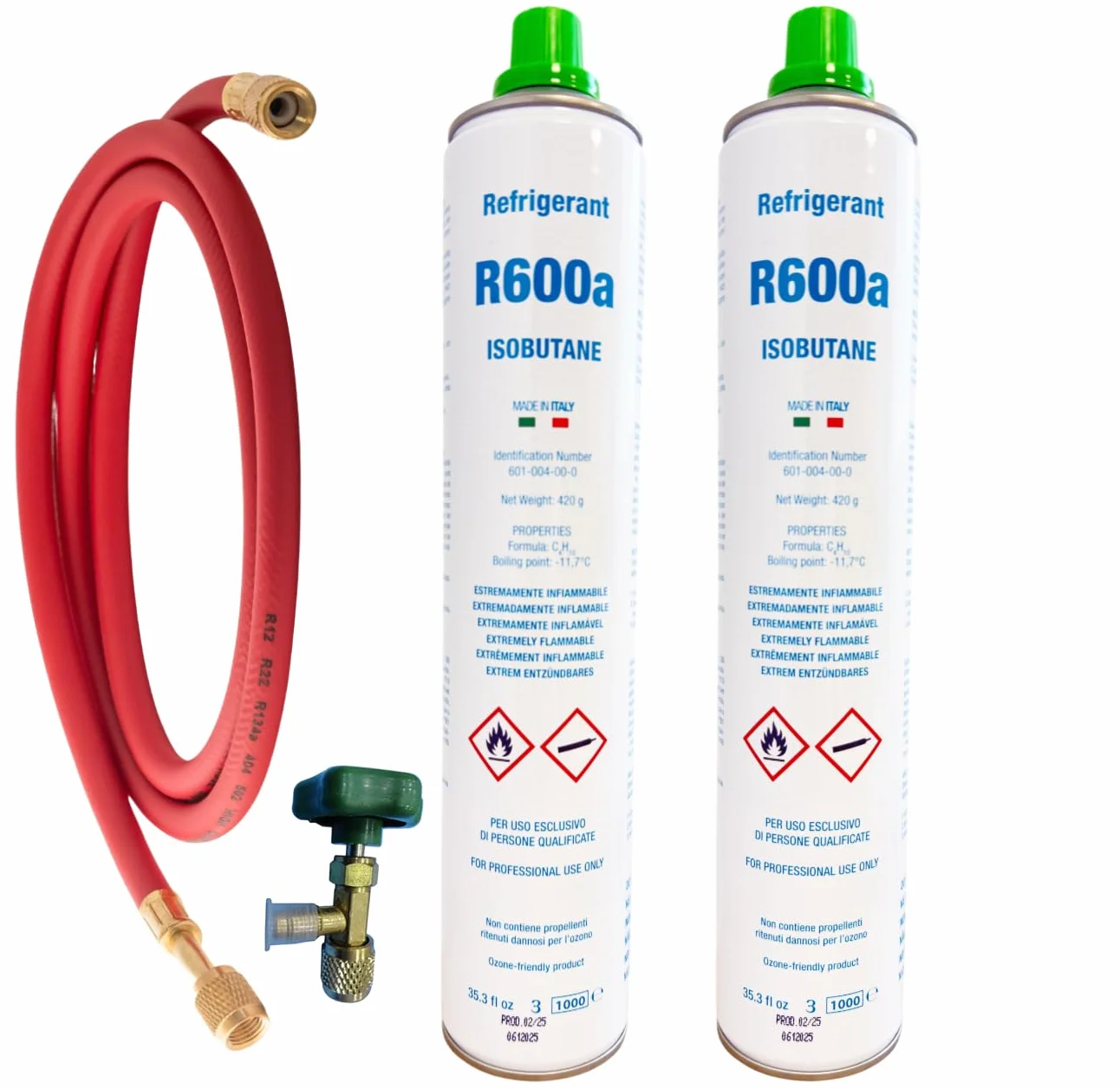 Gas R600 ISOBUTANO refrigerante 420 g confezioni 2 con valvola e tubo