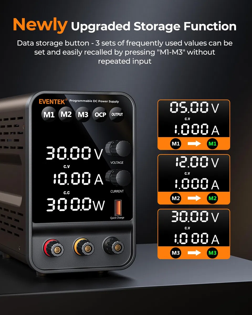 Alimentatore da banco,Eventek Alimentatore da Laboratorio regolabile,archiviazione dei dati,30V 10A, Display LED a 4 Cifre, Con Porta di Ricarica 5V/3.6A USB, Alimentatore Switching, Manopola Encoder