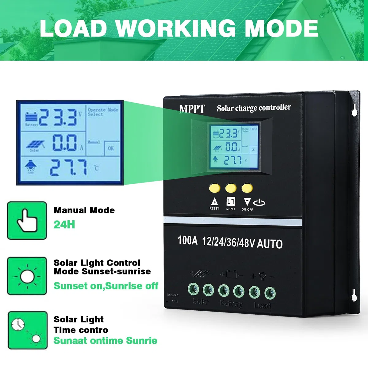 Regulateur de charge solaire mppt 100A 12V 24V 36V 48V Regolatore di carica MPPT Auto ID Display LCD Ingresso massimo 100VDC, piombo/acido/litio Doppia USB Nero.