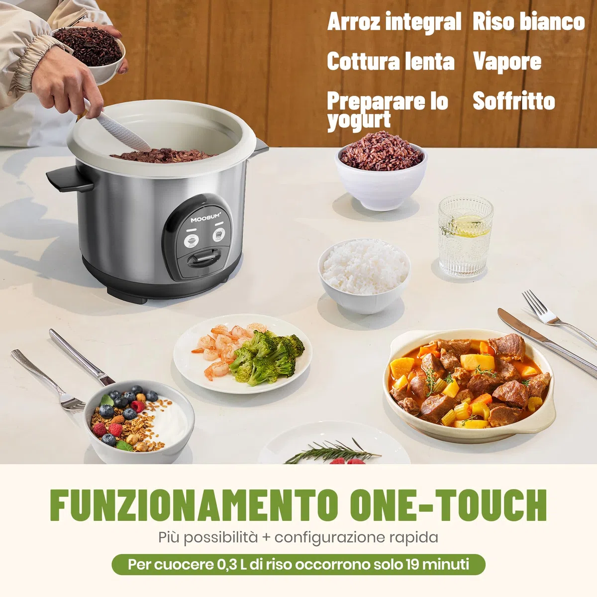 Cuociriso & Comando a un Pulsante, 0,6L per 1-3 Persone, Preparazione Veloce Senza Bruciature - con Funzione di Mantenimento in Caldo, Argento
