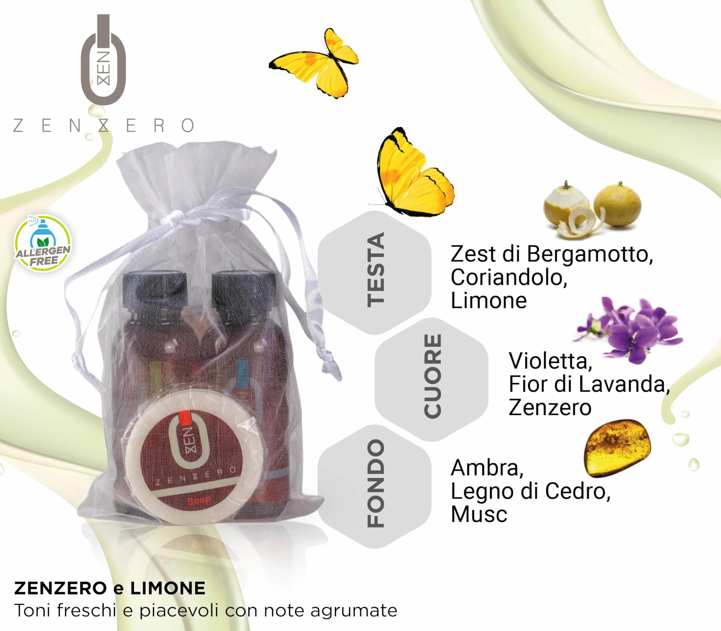 PRESENT-MORE - Set Cortesia 15 Ospiti Zenzero - Fragranza Zenzero e Limone - Contiene: Shampoo, Gel Doccia, Sapone e Cuffia - Per Hotel e B&B