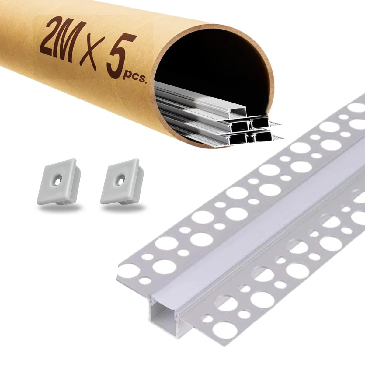 Evotrade – Confezione Promo 2M x 5 Profili LED in Alluminio per Cartongesso 10M Totali con Cover Opalina e Tappi Inclusi – Installazione ad Incasso a Scomparsa, Luce Continua ed Elegante