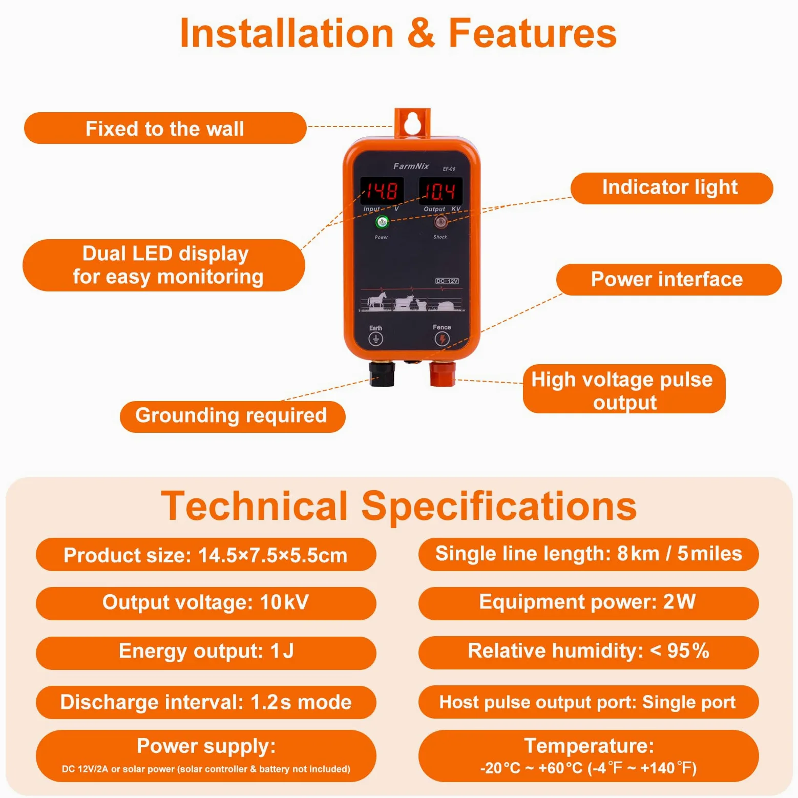 Elettrificatore Recinzione Elettrica 12V con display LED digitale, 1J 230V per portata 8 KM, per piccoli animali, pollame e animali domestici, ideale per giardino, fattoria e pascolo
