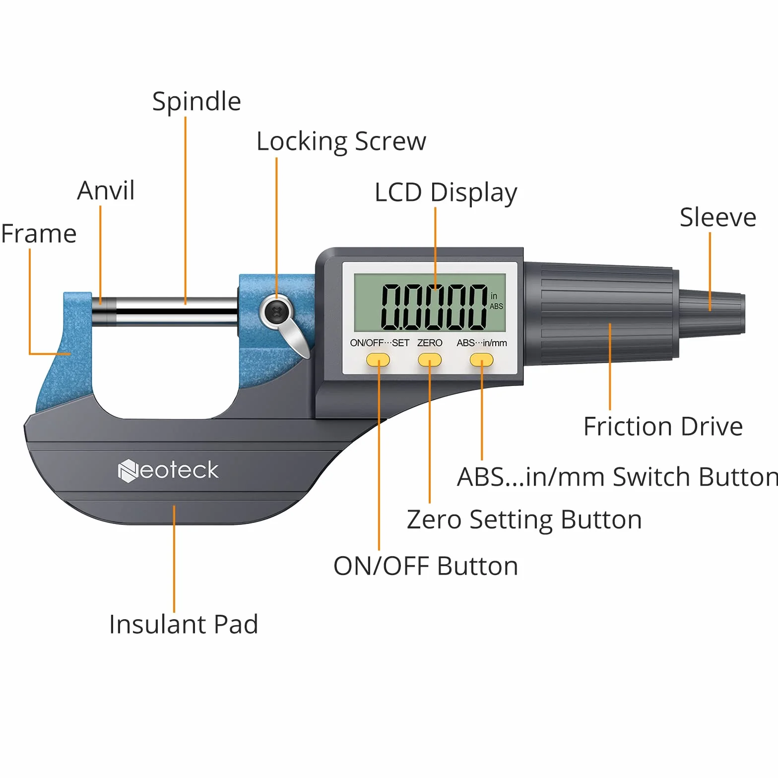 Neoteck Micrometro Digitale 0-25 mm LCD 0.001mm/0.00005" Assoluta Incrementale Inch/Metric