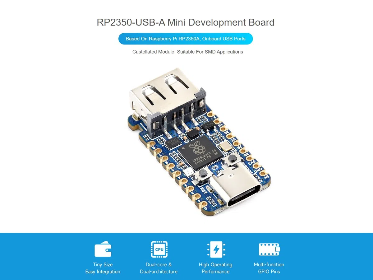 RP2350 USB Mini Scheda di Sviluppo Basata sul Microcontrollore Raspberry Pi RP2350 a Doppio Core e Doppia Architettura, 150MHz Frequenza Operativa, Integrate USB Porte