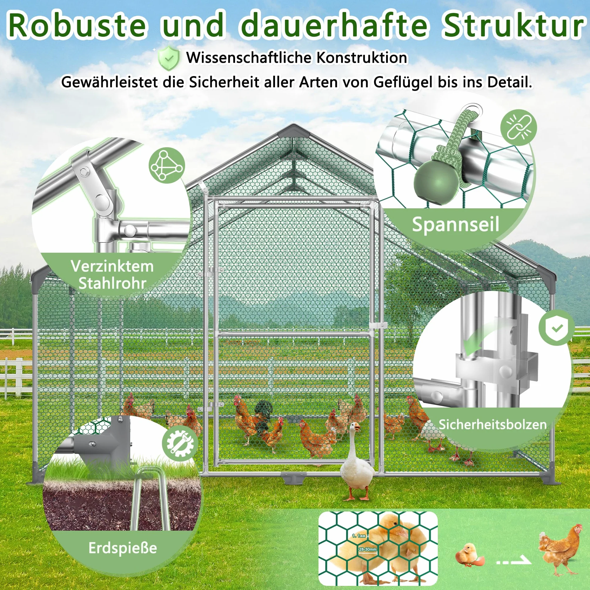 HENGMEI Pollaio 3x8x2m con recinto esterno, gabbie per piccoli animali, pollaio in acciaio zincato con tetto in PE, recinto esterno con serratura, gabbia per pollame