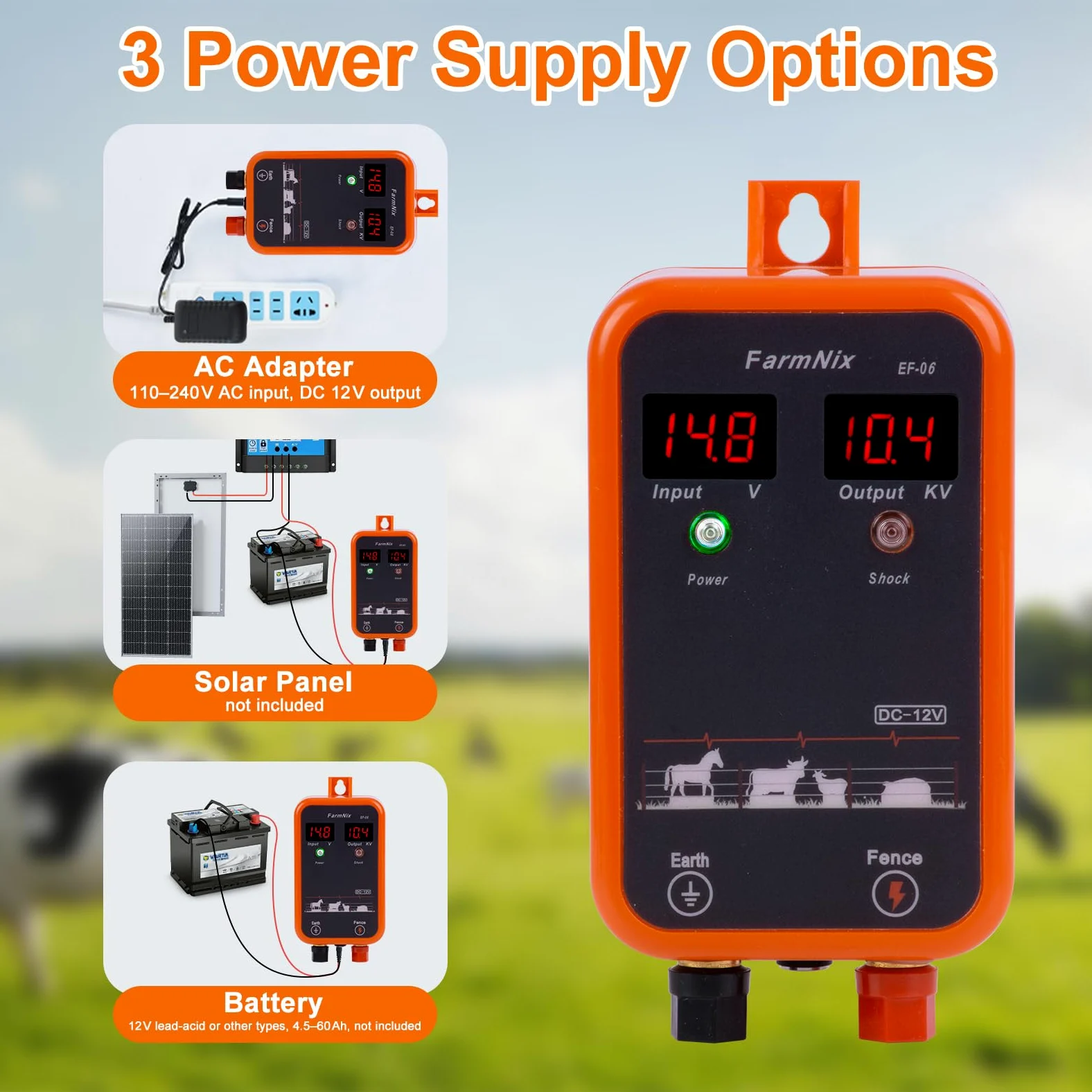 Elettrificatore Recinzione Elettrica 12V con display LED digitale, 1J 230V per portata 8 KM, per piccoli animali, pollame e animali domestici, ideale per giardino, fattoria e pascolo