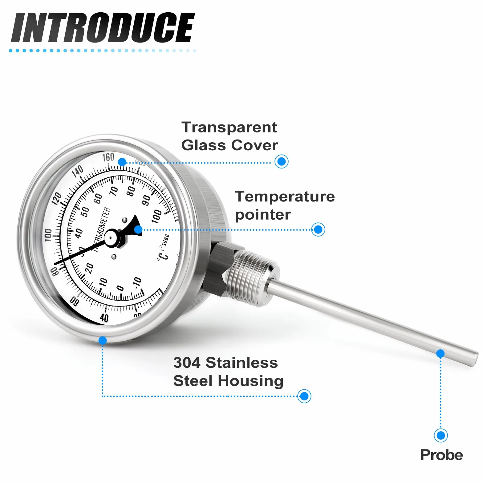 MEANLIN MEASURE Termometro bimetallico 1/2" BSP 3.3" Dial 4.4" Stelo in acciaio inossidabile -10~100℃/0~220℉