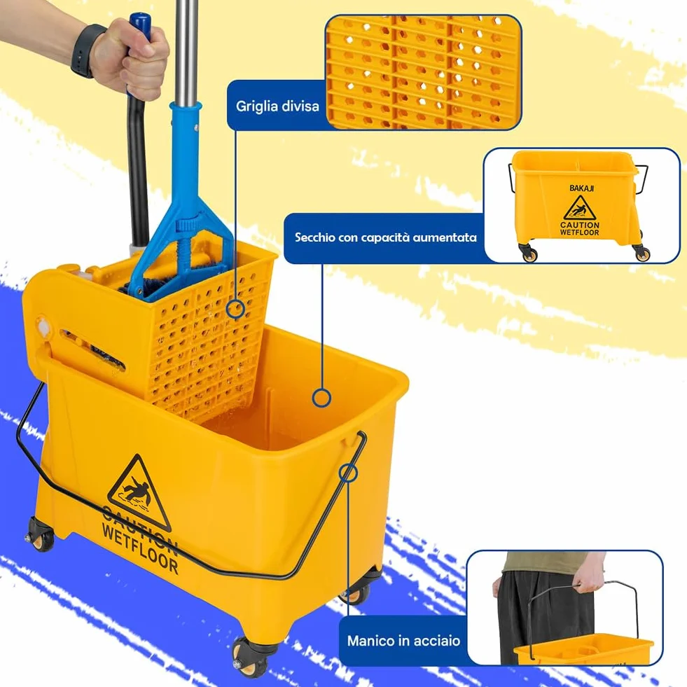 BAKAJI Carrello per Pulizie Professionale con Secchio Lavapavimenti 20 Litri