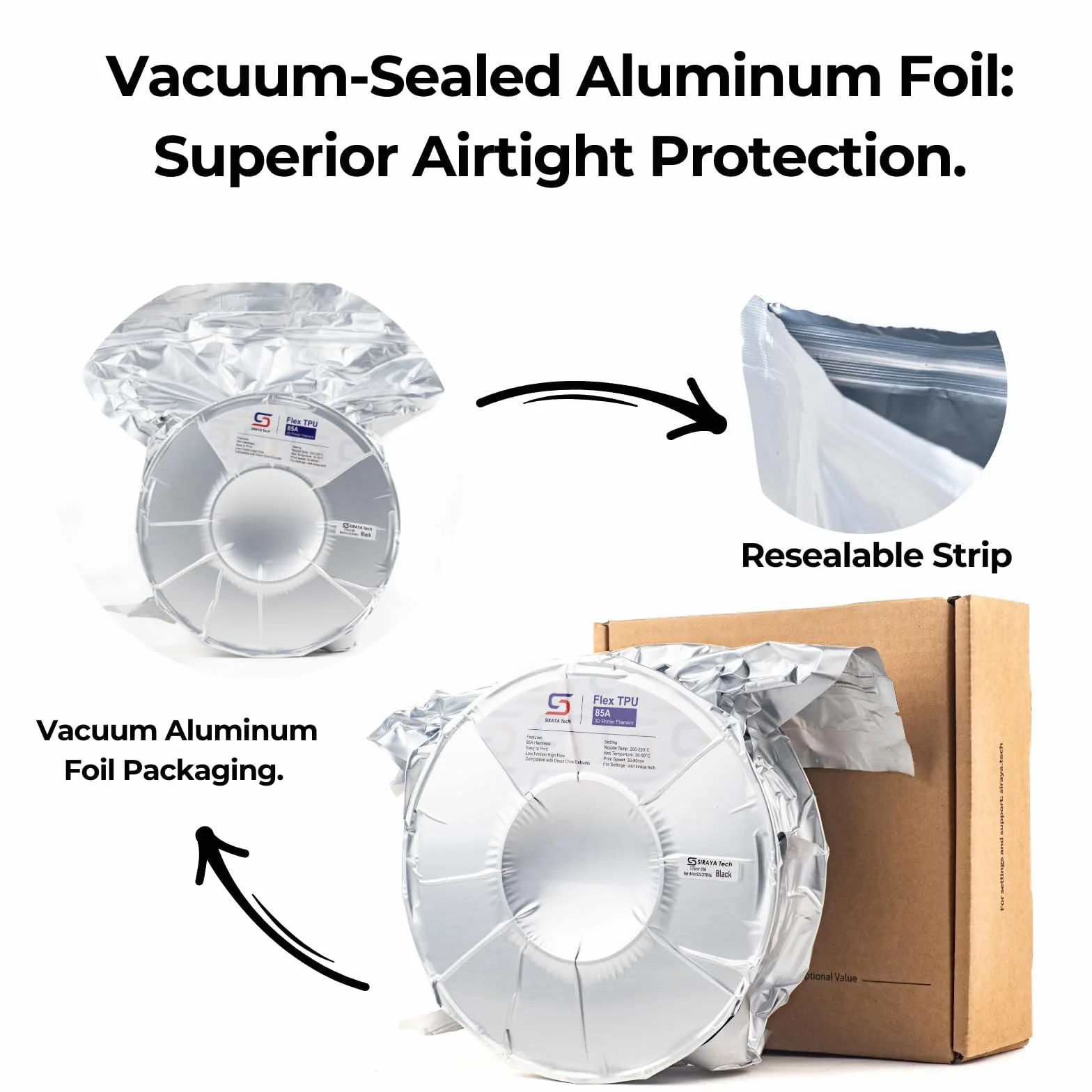 Siraya Tech Flex TPU Filamento - 85A Shore, ISO 10993, Alta Flessibilità e Resistenza, Alto Flusso e Velocità, Sacchetto in Alluminio Resistente all'Umidità - per Calzature e Protezioni (Nero, 1kg)