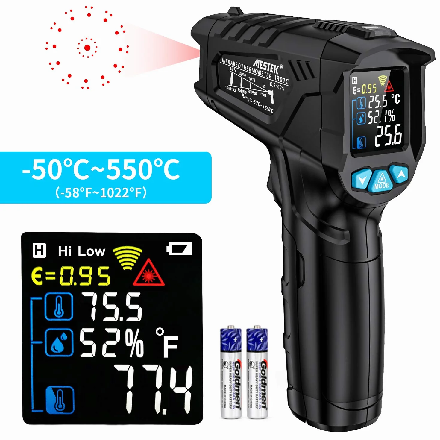 MESTEK Termometro Infrarossi Laser Digitale -50°C ~ 550°C LCD Colori Emissività Regolabile