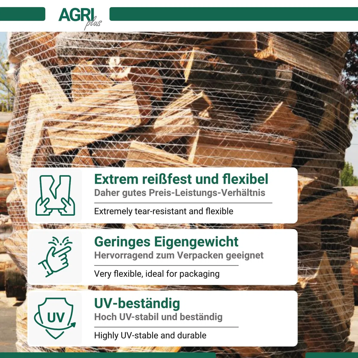 AGRI plus Rete di avvolgimento per pallet | 0,5 m x 1000 m | 1 rotolo | rete bianca | nucleo 76 mm | rete antistrappo e flessibile per pallet