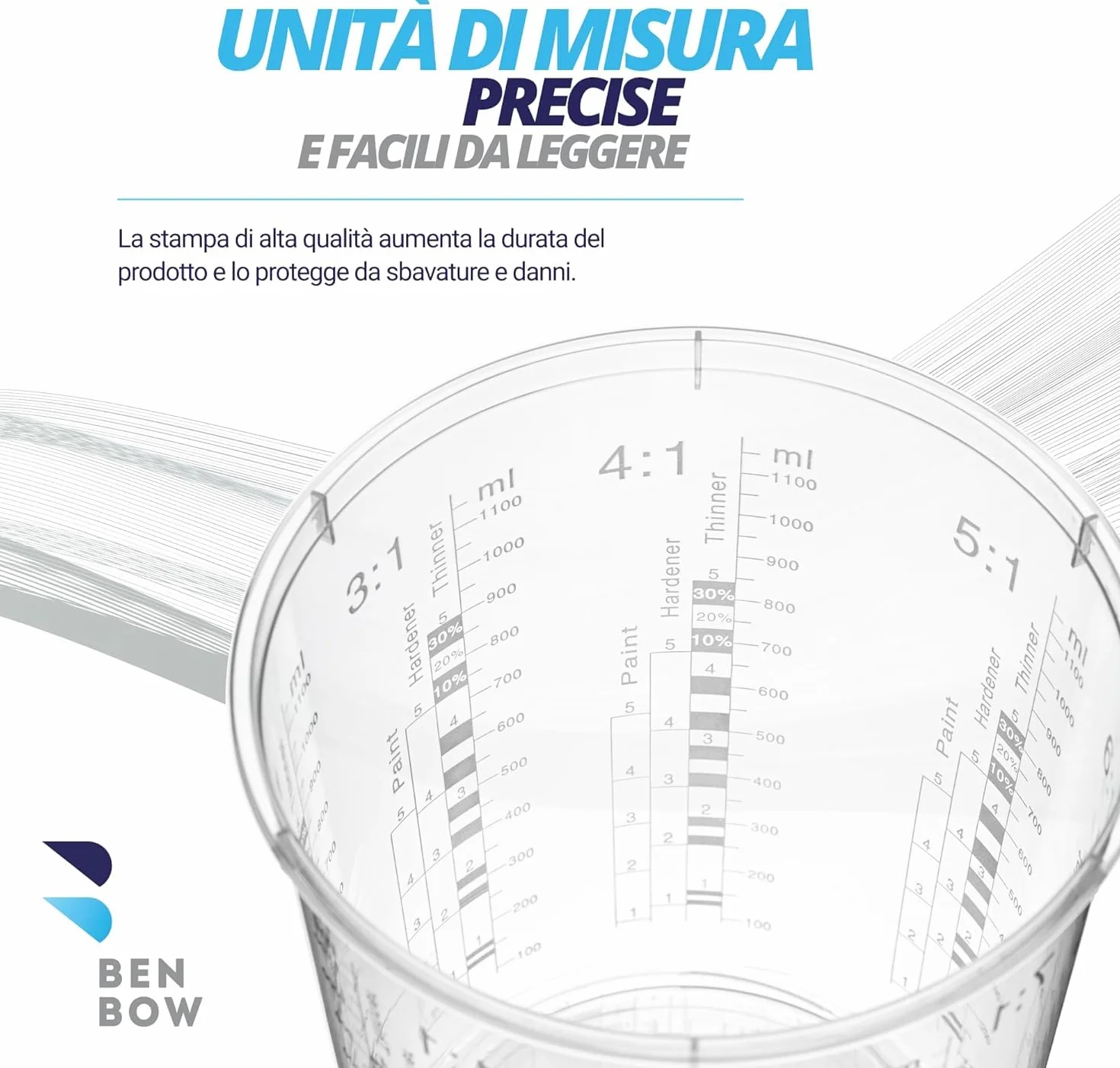 BenBow Professional Tazza di misurazione 50x 1370 ml con 6x copertura - monouso con scale precise, ideale per vernici, rivestimenti e resine epossidiche