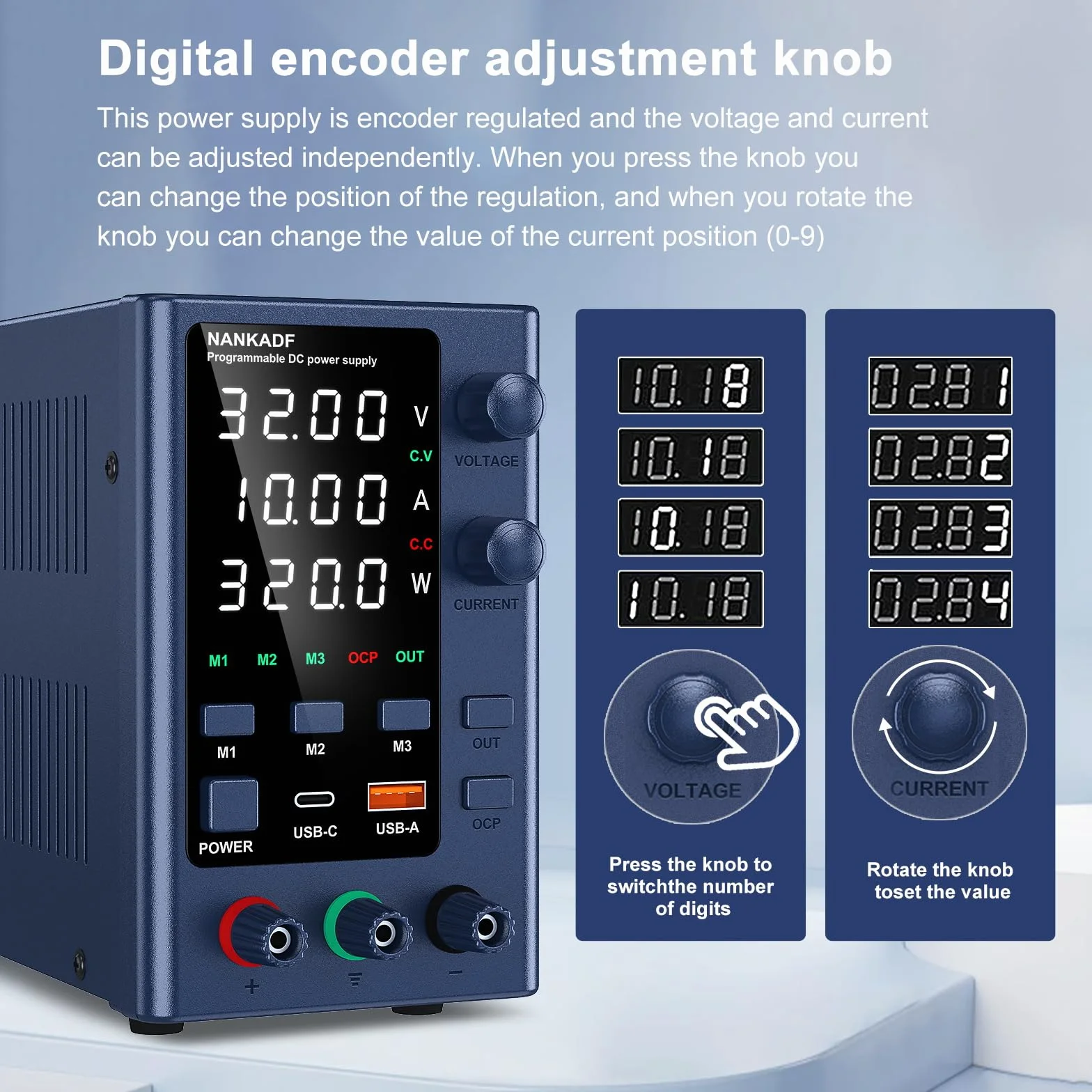 Alimentatore da Banco 0-32V/0-10A, Alimentatore da Laboratorio Regolato ad alta Precisione Display a LED a 4 cifre, con Controllo Encoder e Memoria dati