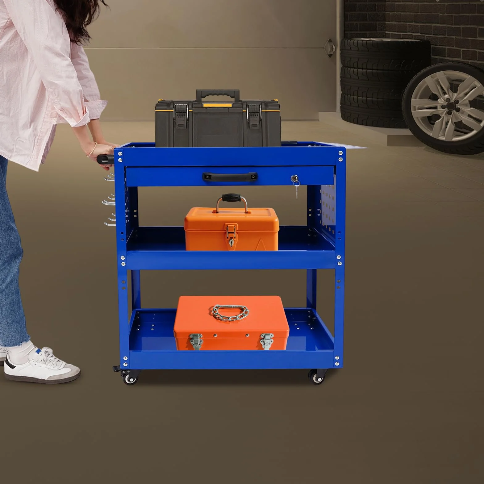 Carrello da officina a 3 ripiani, carrello da officina, carrello mobile in metallo con cassetto e ruote dei freni, carrello da officina con scatola e chiavi, per manutenzione auto, magazzino, garage