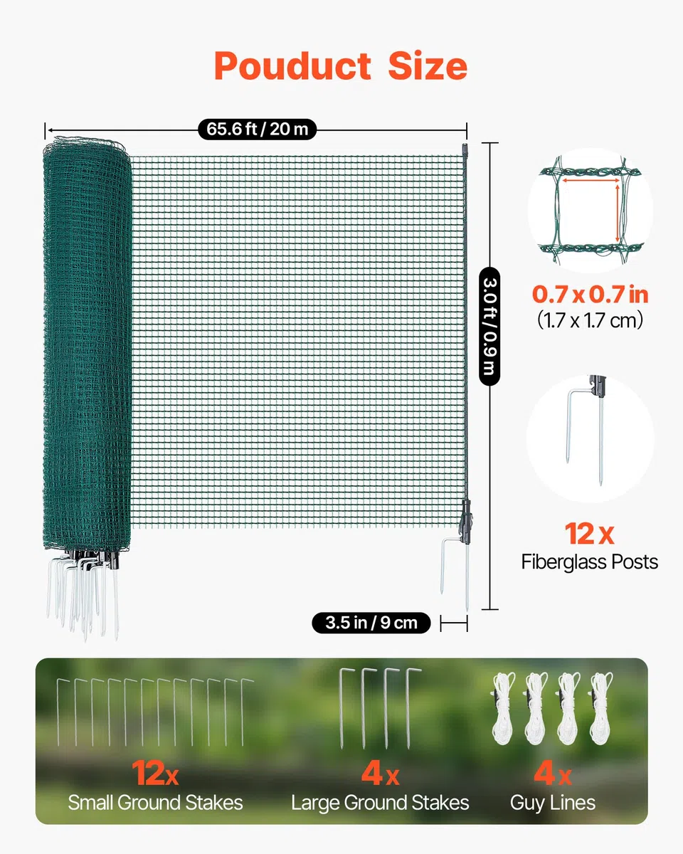 VEVOR Rete per Recinzione in Plastica, Recinzione Temporanea Flessibile con Pali 0,9 x 20 m, Rete di Sicurezza con Picchetti a Doppia Punta e Tiranti, Barriera Mobile da Giardino per Cani e Polli