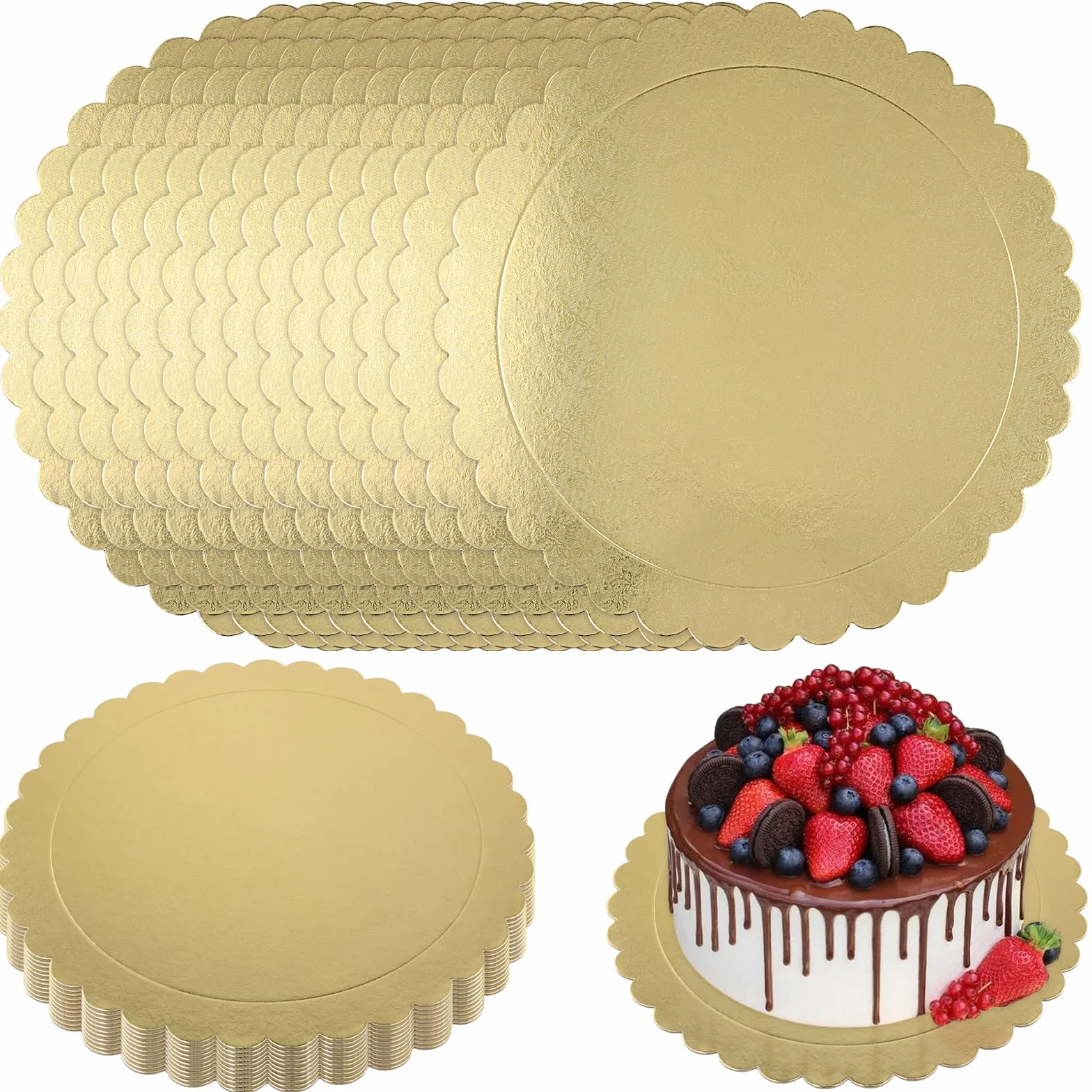 MUKSEUT Vassoi rotondi per torte 30 cm confezione da 25, base rotonda ondulata 2 mm, oro