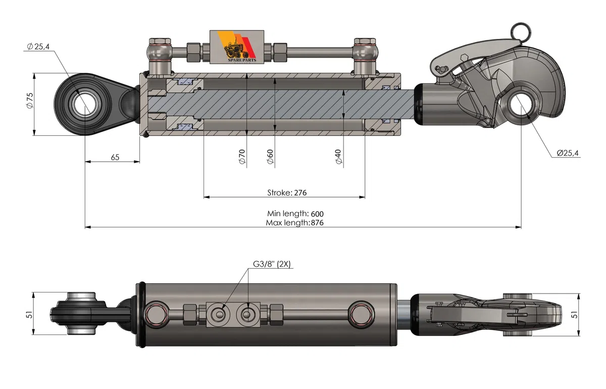 Terzo punto idraulico CAT 2-2 600-855mm completo di tubi e nippli