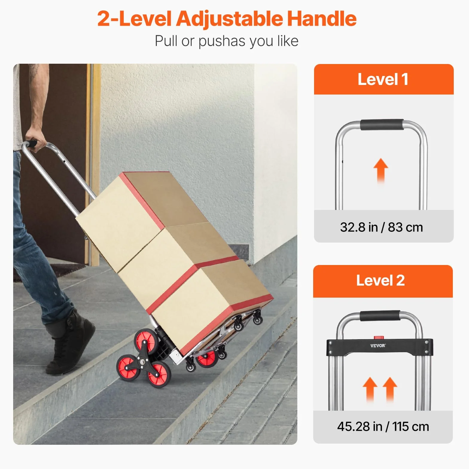 VEVOR Carrello per Salire Scale con Capacità 117,9 kg, Pieghevole per Carichi Pesanti con Maniglia Telescopica, 10 Ruote 2 Corde Elastiche per Ufficio, Shopping