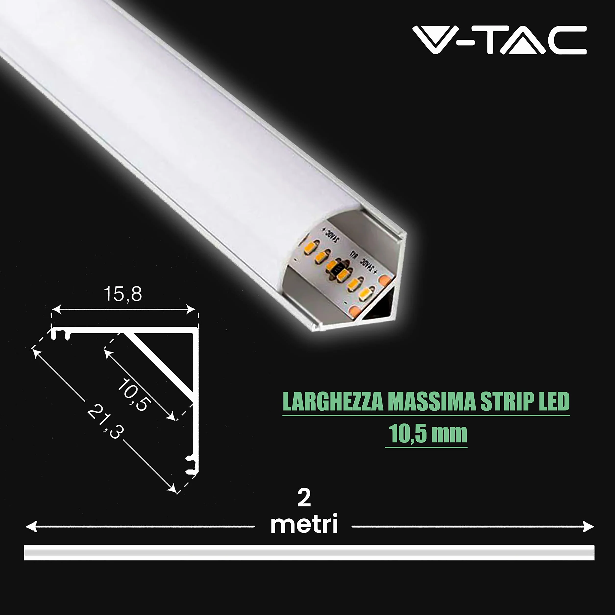 V-TAC Profili Angolari per Strisce LED Alluminio 2 Metri Argento 21,3x15,8mm