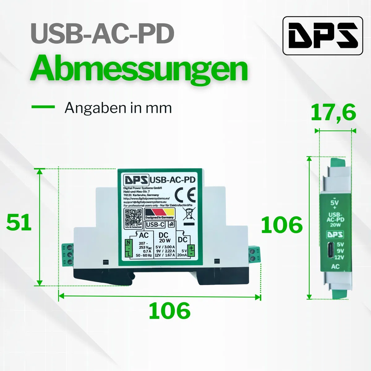 DPS – Alimentatore di rete USB-C 230 V AC, 20 W Power Delivery – 5 V/9 V/12 V – con protezione da cortocircuito e sovratensione – Qualità industriale