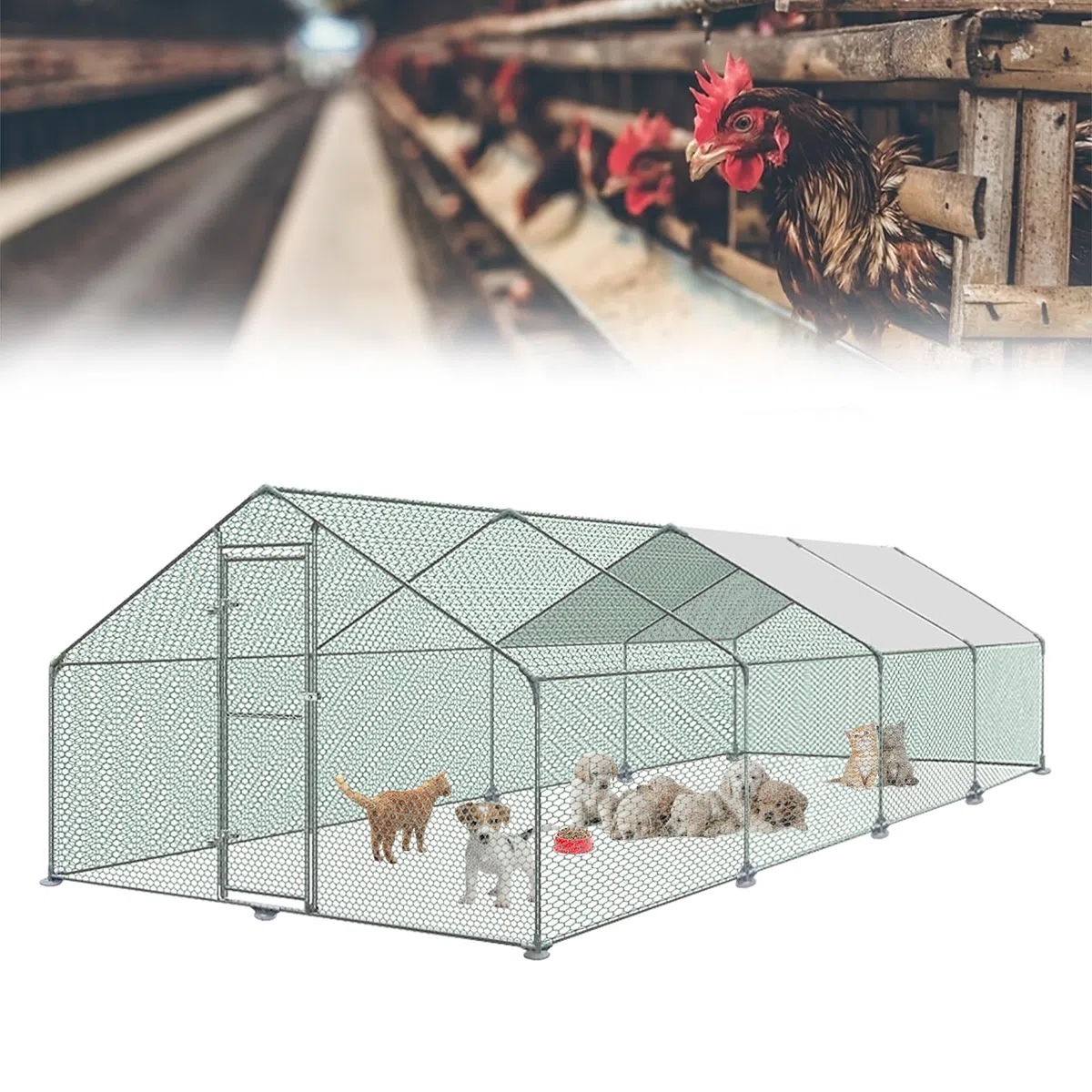 HENGMEI Pollaio 3x8x2m con recinto esterno, gabbie per piccoli animali, pollaio in acciaio zincato con tetto in PE, recinto esterno con serratura, gabbia per pollame