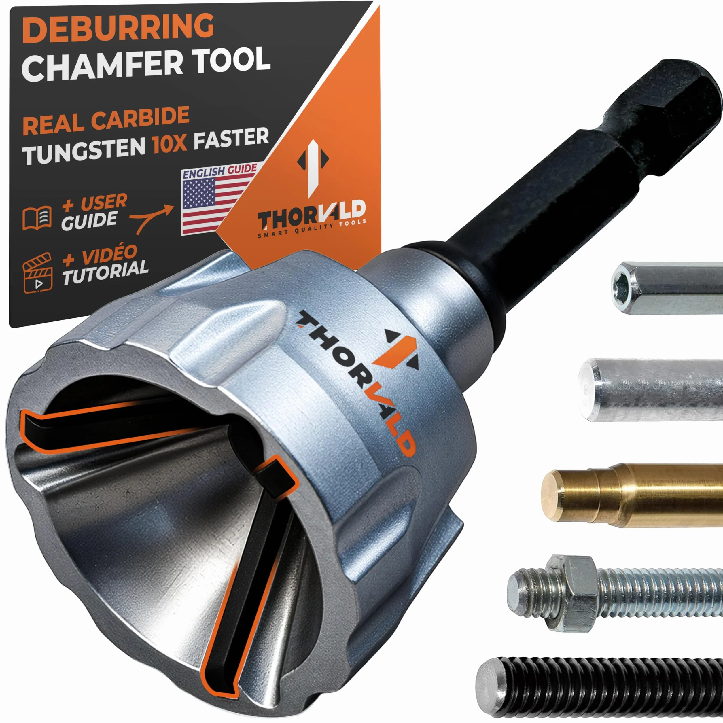 THORVALD Strumento di sbavatura per smussi esterni con lama in carburo di tungsteno – Strumento di sbavatura per tutte le filettature, tutte le aste metalliche, tubi, PVC, stampa 3D – 1/8 pollici a 3