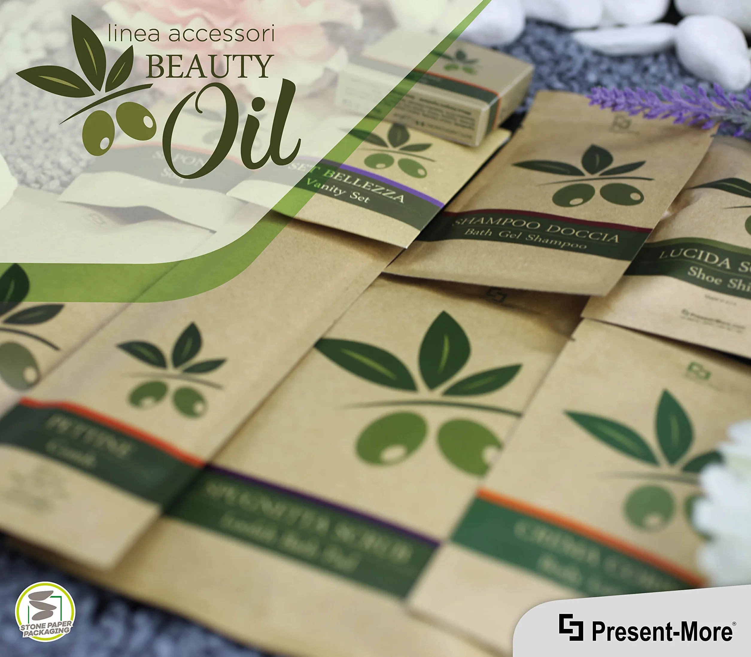 PRESENT-MORE - Cuffia Doccia Monouso 100 Pezzi - Linea Beauty Oil - Cuffia Doccia in Polietilene con Elastico - Packaging Ecologico in Stone Paper - Ideale per Hotel e B&B