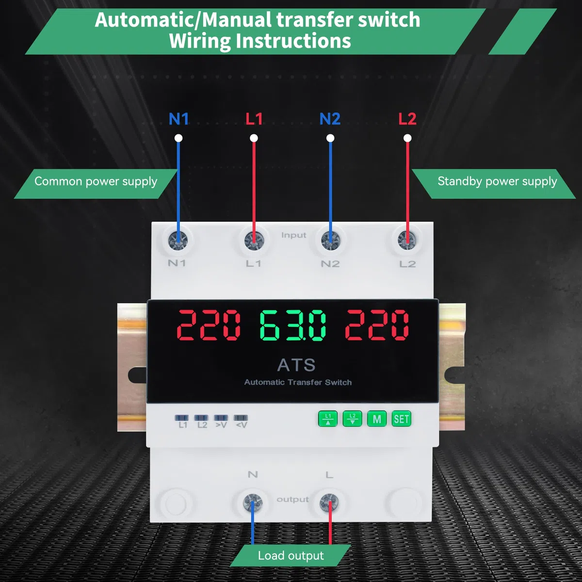 Interruttore di Trasferimento Automatico e Manuale 63A 220V Con Display Digitale, Valore Regolabile, Doppio Selettore di Alimentazione ATS per Generatori di Emergenza, Installazione guida DIN