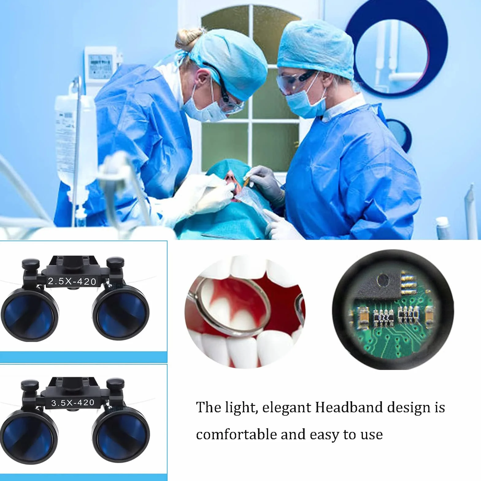 Lenti D'Ingrandimento Dentali 2,5X / 3,5X, Lenti D'Ingrandimento Binoculari Chirurgiche + Luce Frontale A Led Da 5W, Portatili Ultraleggere, Attrezzatura Da Laboratorio Per Dentista,Silver-2.5X