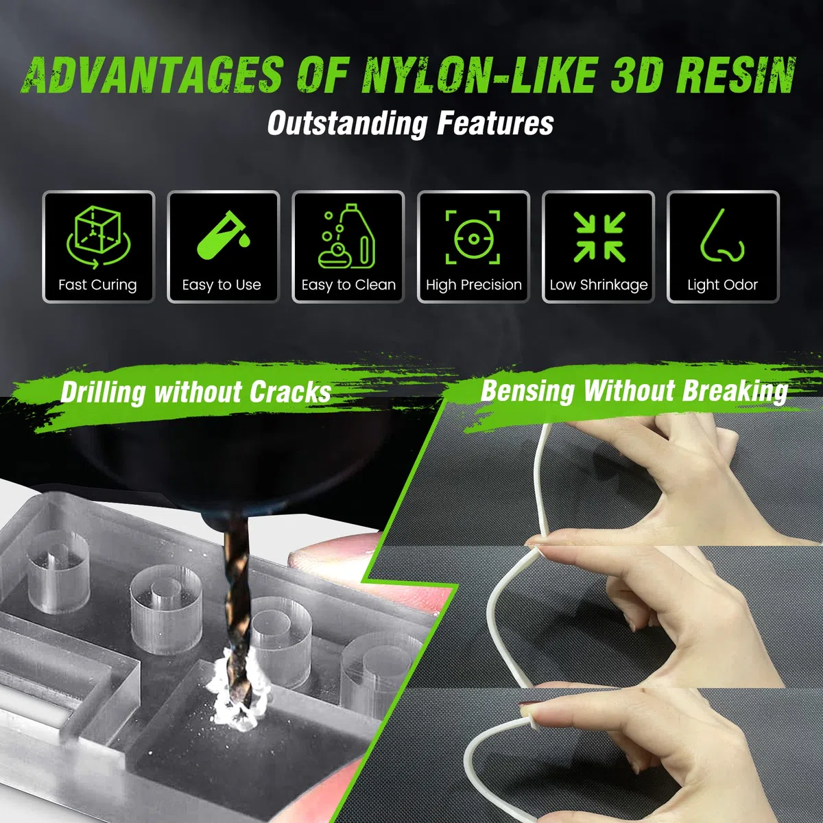 SUNLU Resina fotopolimerica 3D simile al nylon 2KG, ad alta resistenza e durevole, per stampanti LCD/DLP/SLA, indurimento UV 395-405 nm, ideale per parti funzionali, prototipi, 2000 g, nero