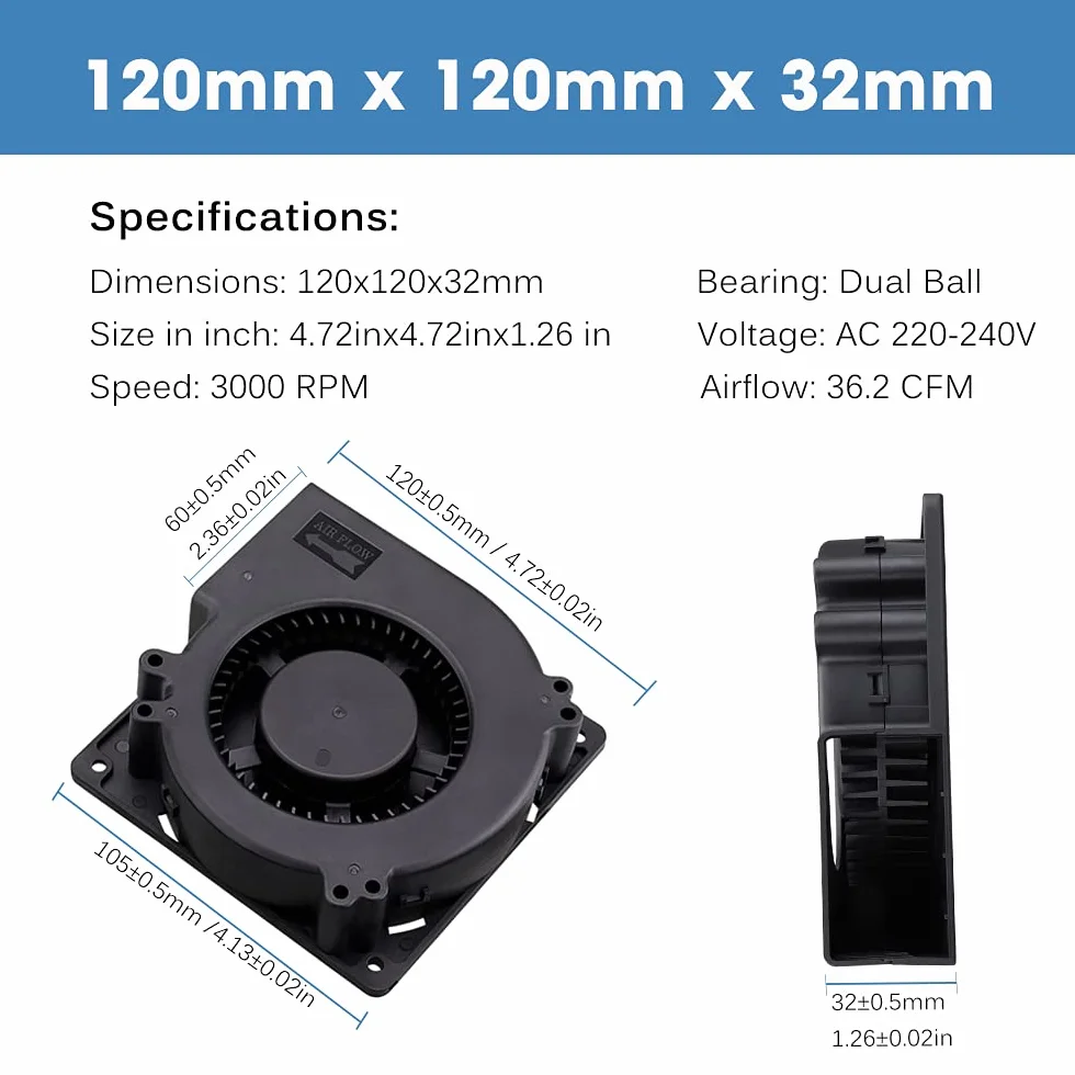 Ventola radiale a doppio cuscinetto a sfera AC 220 V, 230 V, 240 V, 120 mm, turbine con controllo della velocità da 3 V - 12 V, per gommoni e frigoriferi