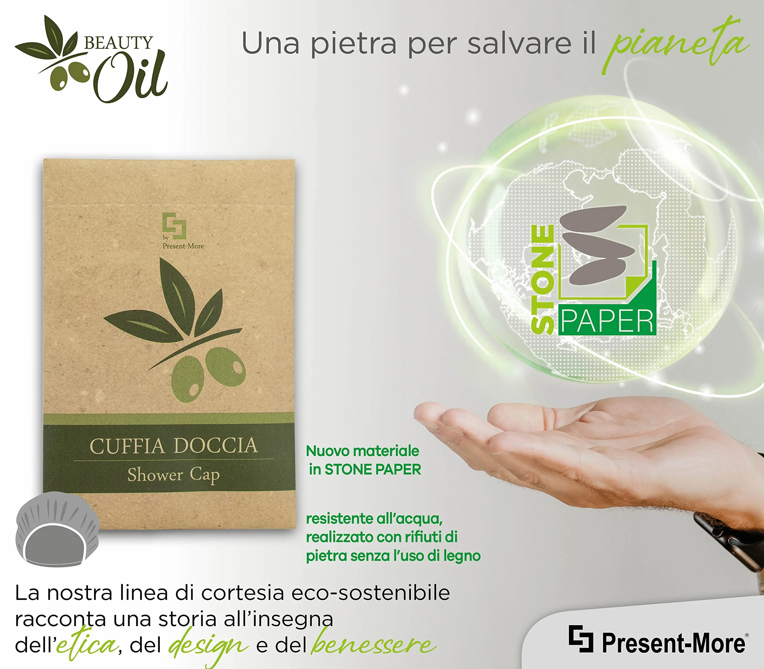 PRESENT-MORE - Cuffia Doccia Monouso 100 Pezzi - Linea Beauty Oil - Cuffia Doccia in Polietilene con Elastico - Packaging Ecologico in Stone Paper - Ideale per Hotel e B&B