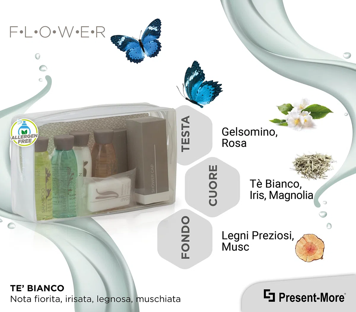PRESENT-MORE - Set Cortesia 12 Ospiti Flower - Fragranza Tè Verde - Contiene: Shampoo, Gel Doccia, Crema, Gel Intimo, Sapone e Accessori - Per Hotel e B&B