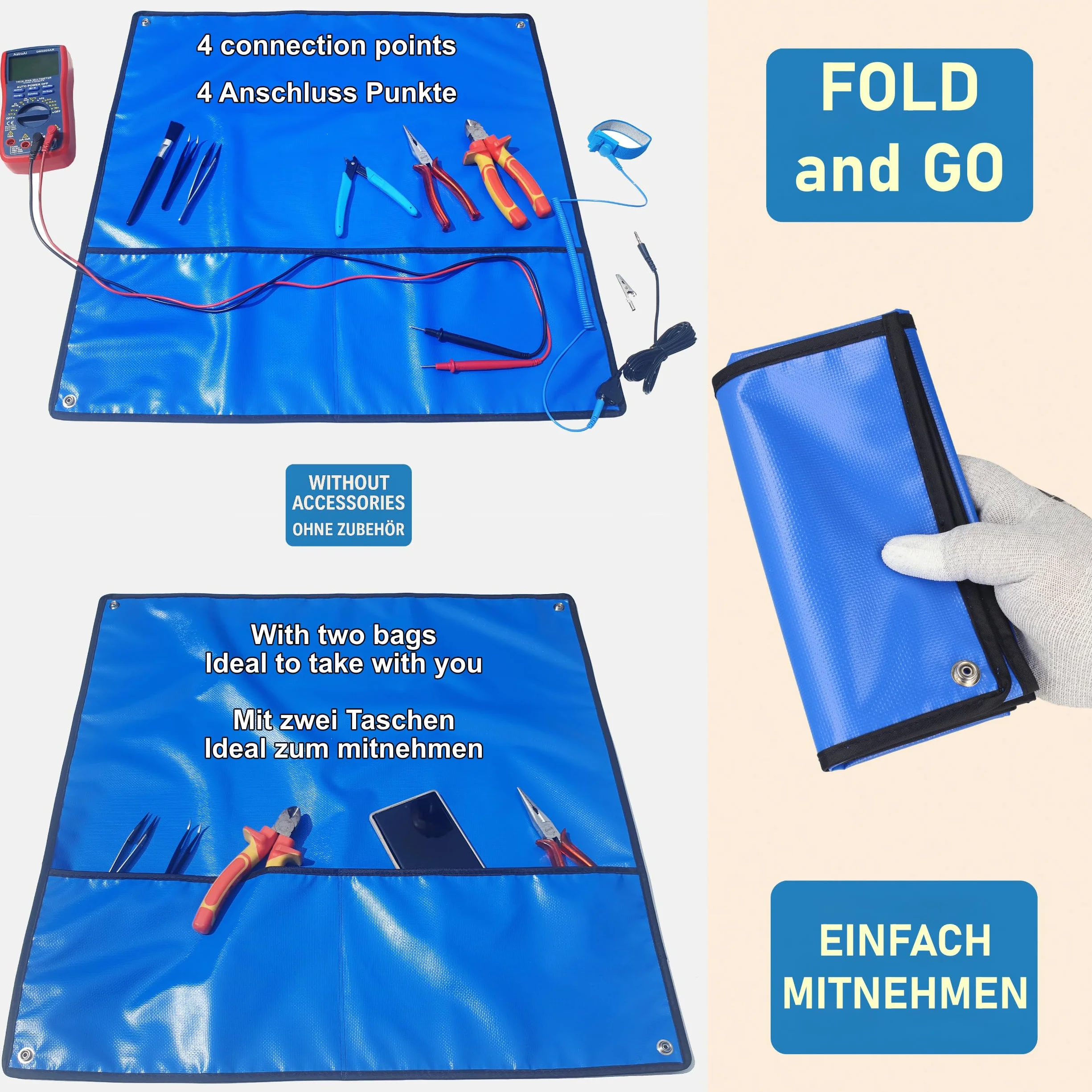 Set ESD 60 x 60 cm, tappetino da lavoro antistatico, tappetino da tavolo, portatile, pieghevole, spina di terra, manicotto + cavo di messa a terra + guanti ESD, protezione da danni da scarica