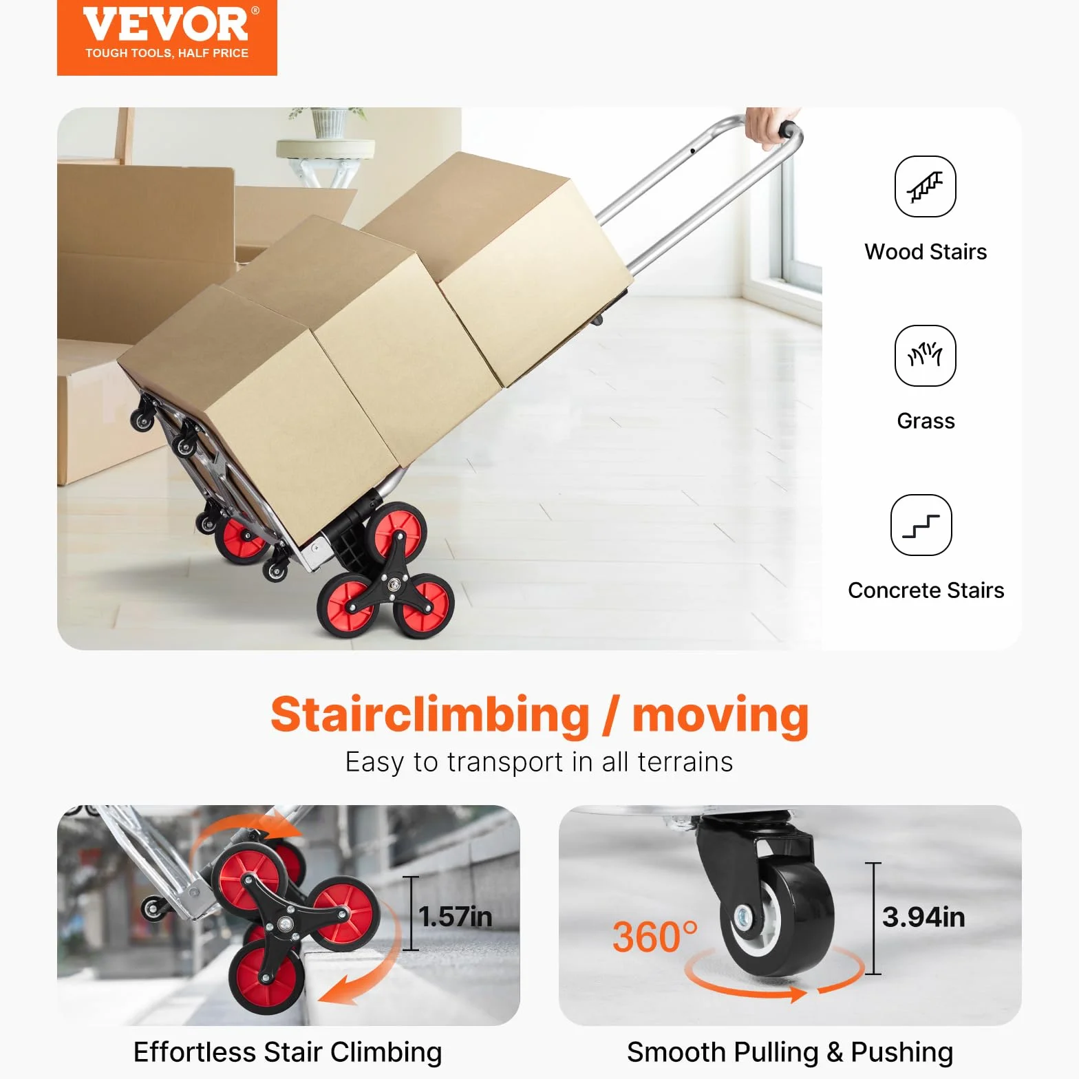 VEVOR Carrello per Salire Scale con Capacità 117,9 kg, Pieghevole per Carichi Pesanti con Maniglia Telescopica, 10 Ruote 2 Corde Elastiche per Ufficio, Shopping