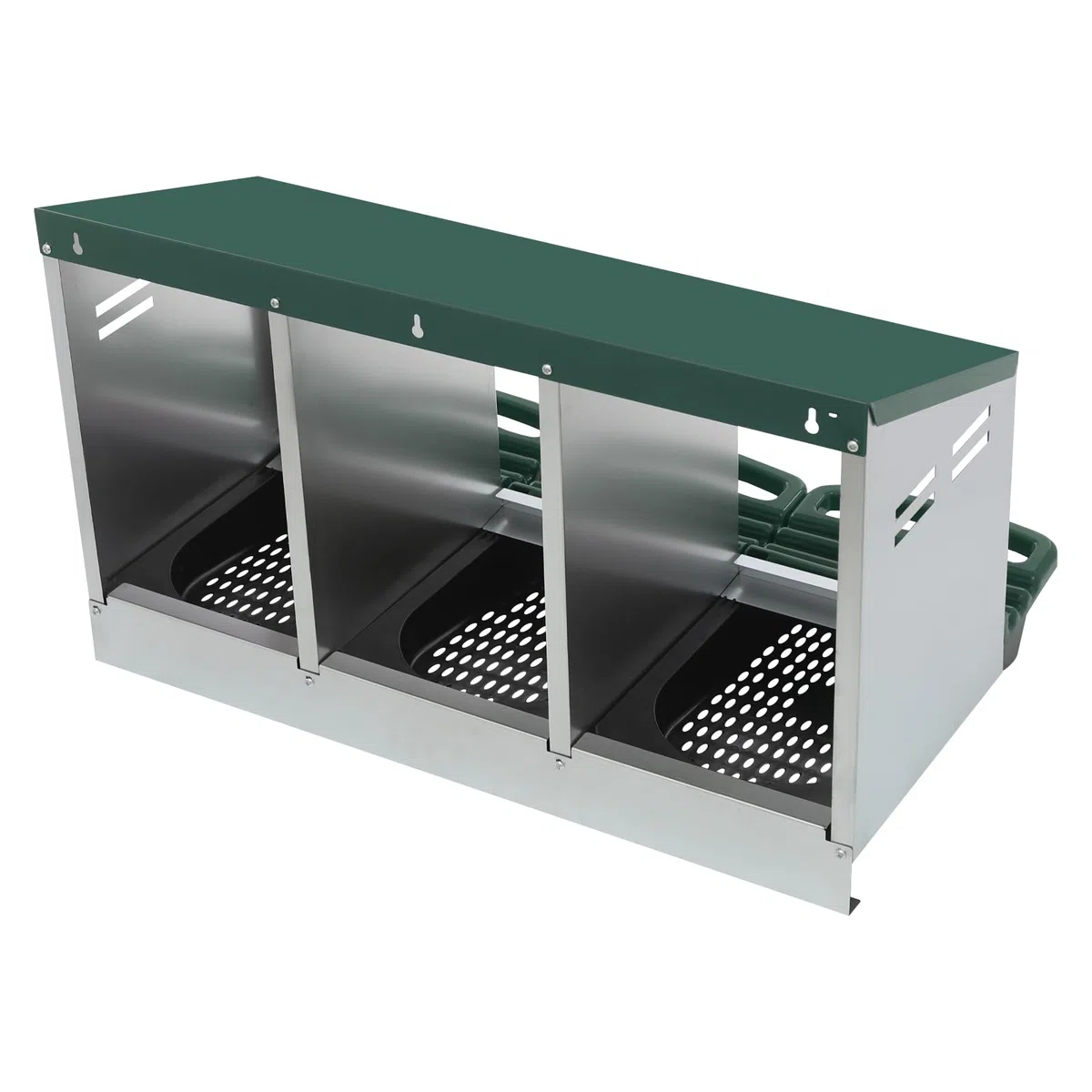 Nido per polli, 3 scomparti, con nido rotolabile per uova, zincato, con protezione per raccogliere le uova, montaggio a parete, 3 posti per stalla, con ventilazione (81 x 52 x 48 cm) (verde)