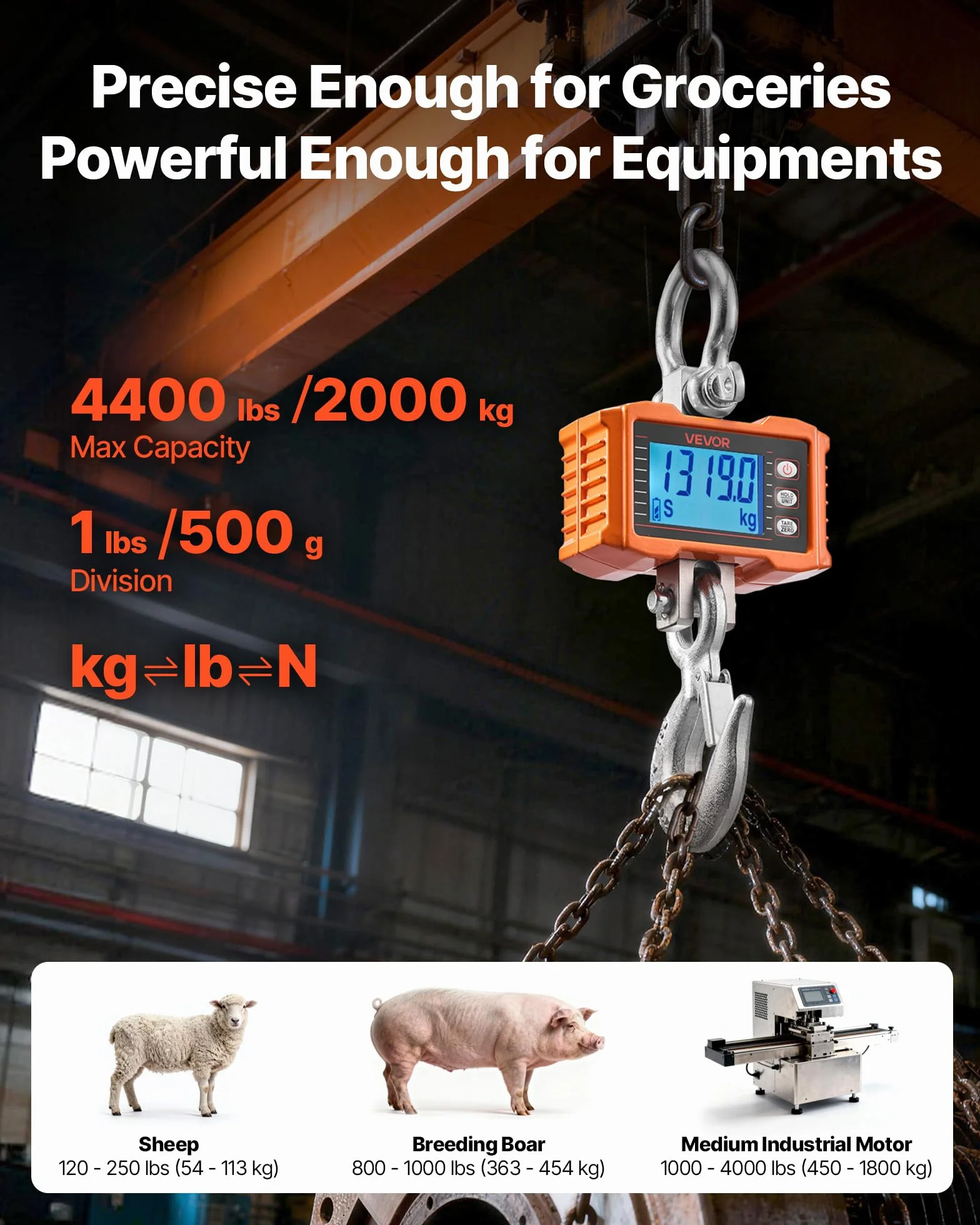VEVOR Bilancia da Gru 2000 kg, Bilancia Industriale Sospesa per Impieghi Gravosi, Cassa in Alluminio Pressofuso, Display LCD, Divisione 500 g