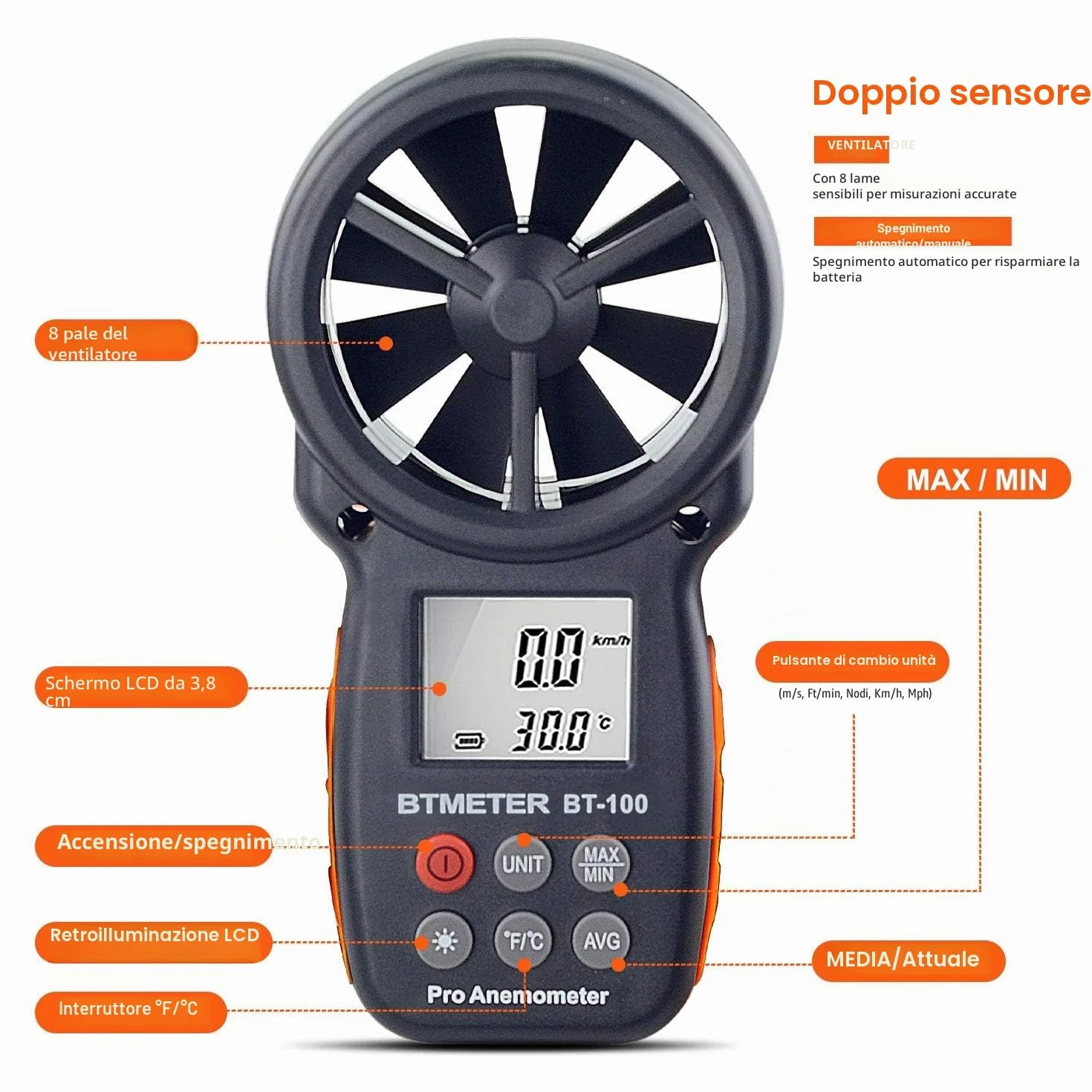 BTMETER BT-100 Anemometro digitale portatile misuratore velocità vento CFM MAX/MIN/AVG LCD