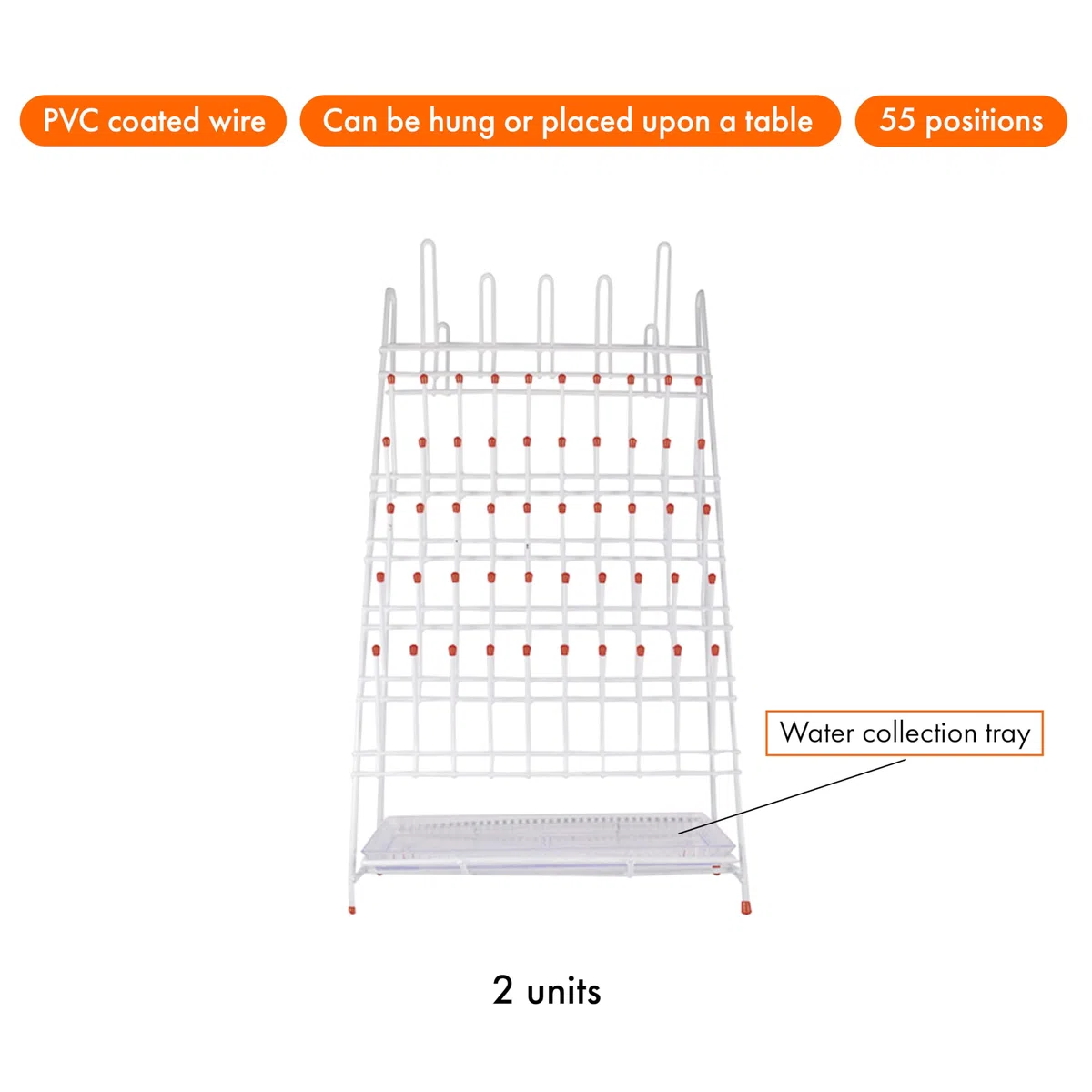 KENZIUM - Pack 2 x Scolapiatti per Materiale di Laboratorio | 55 posizioni | Acciaio rivestito in PVC | con Vassoio di Raccolta dell'Acqua