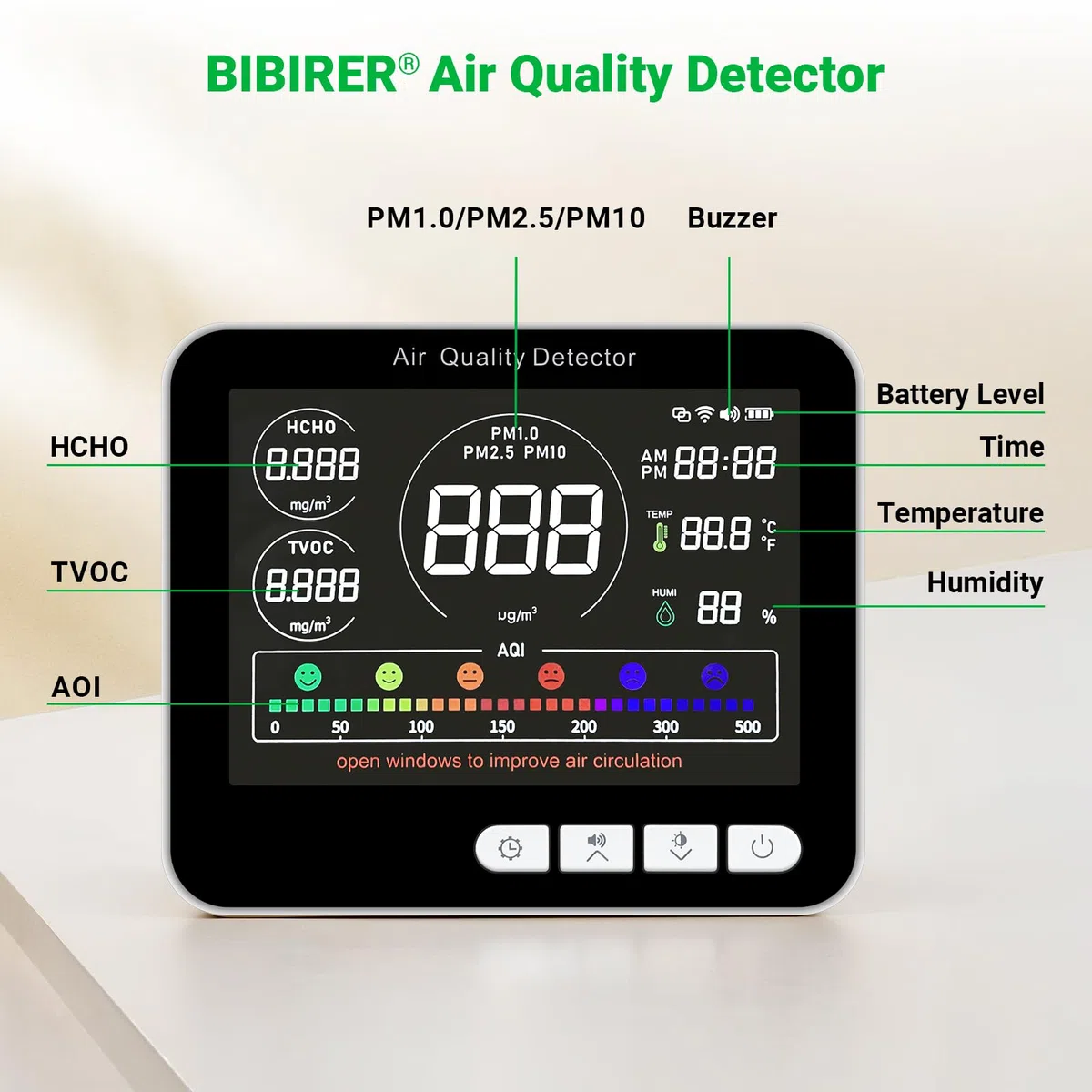 Qualità dell'aria e del flusso d'aria, 9 In1 Air Quality Monitor, PM1.0, PM2.5, PM10, HCHO, TVOC, AQI, Time, Temperature, Humidity, Indoor Detects