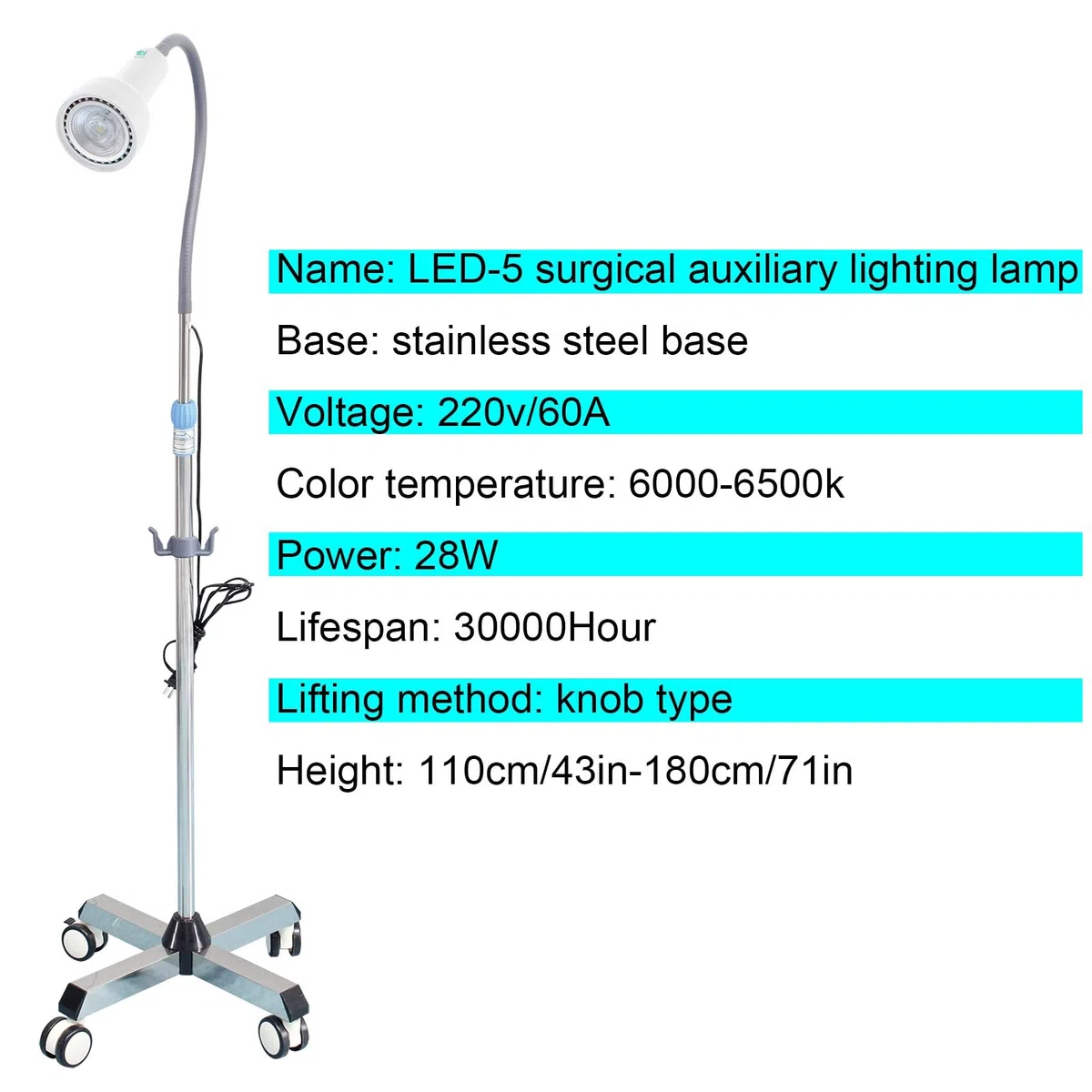 Illuminazione Ausiliaria Chirurgica Lampada per Visita Medica Lampada da Visita Medica a LED Luce Chirurgica Regolabile in Altezza per Ginecologico