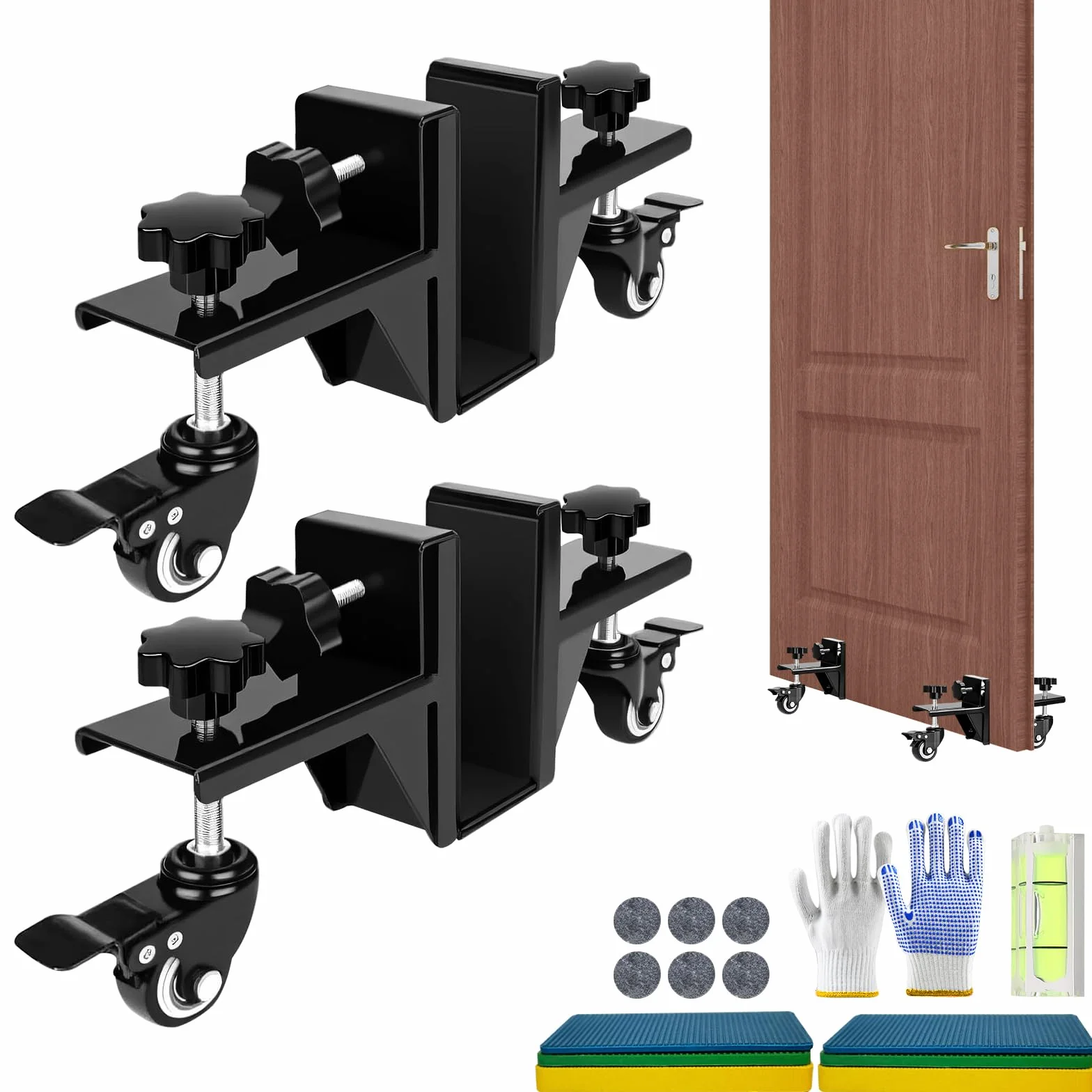 Kit di attrezzi per sollevatore porta con 2 martinetti di installazione per porte resistenti, livella, protezioni in feltro e guanti, gancio per porte pre-appese e interne, carico massimo 150 kg