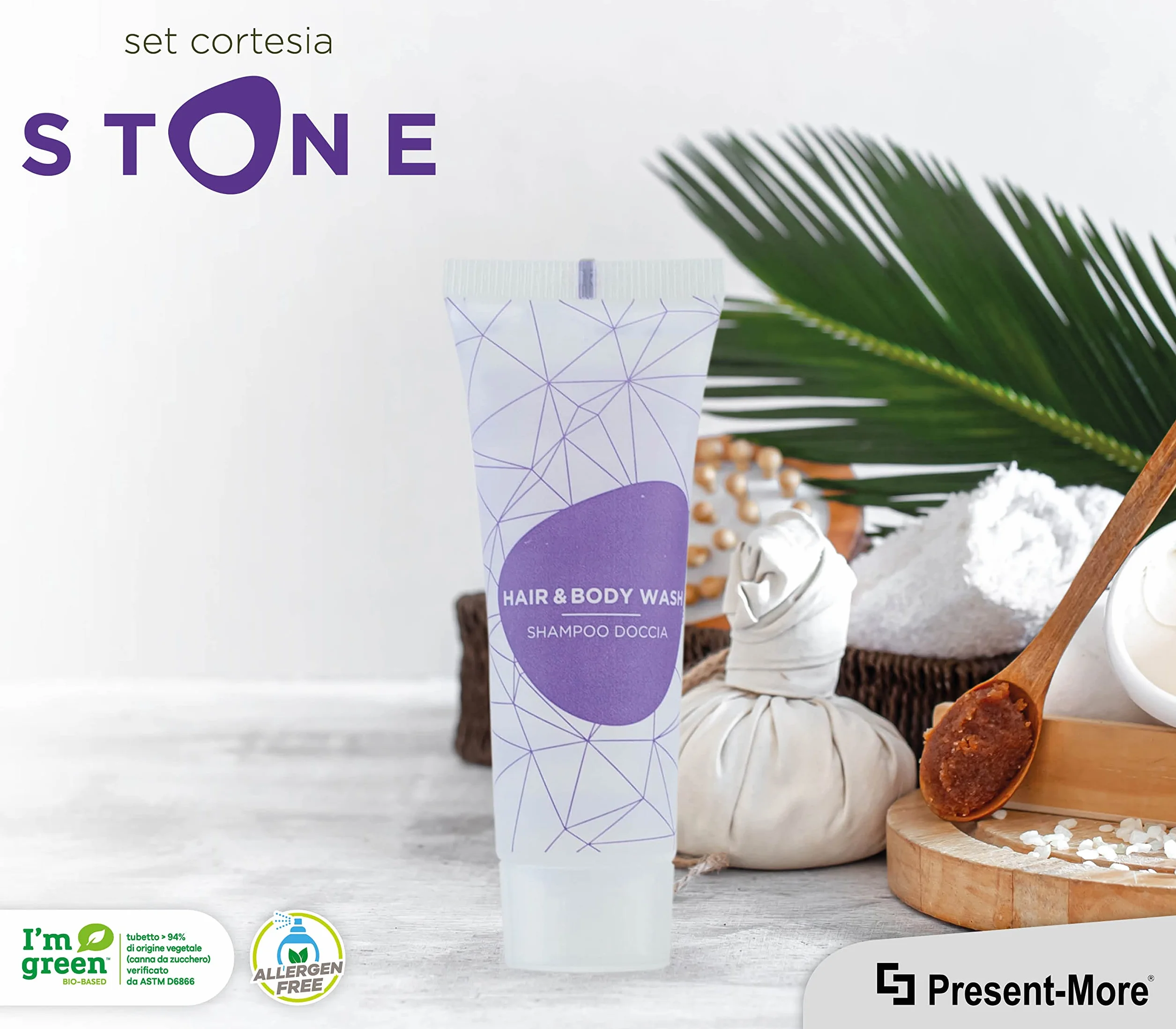 PRESENT-MORE - Doccia Shampoo 30ml Stone - Confezione da 125 Pezzi - Shampoo Doccia Monodose Senza Allergeni - Fragranza Relaxing - Ideale per Hotel e B&B